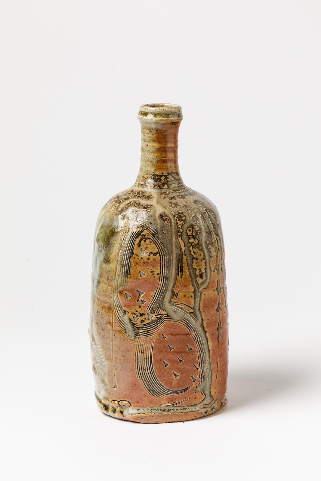 French Stoneware Colored Ceramic Bottle or Vase by D Garet La Borne circa 1990 For Sale