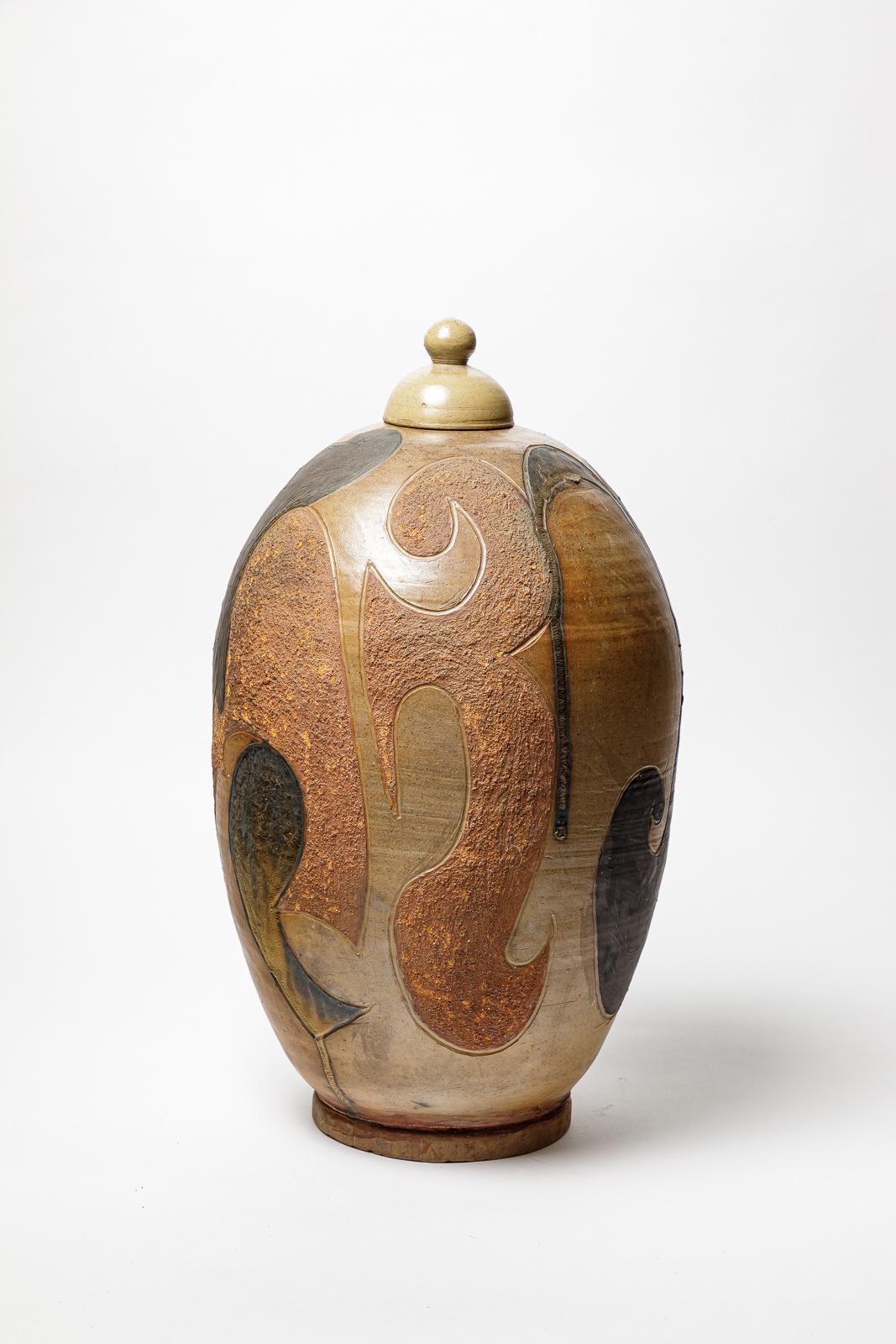 Beaux Arts Stoneware covered pot by Georges Martin,  circa 1970-1980. For Sale
