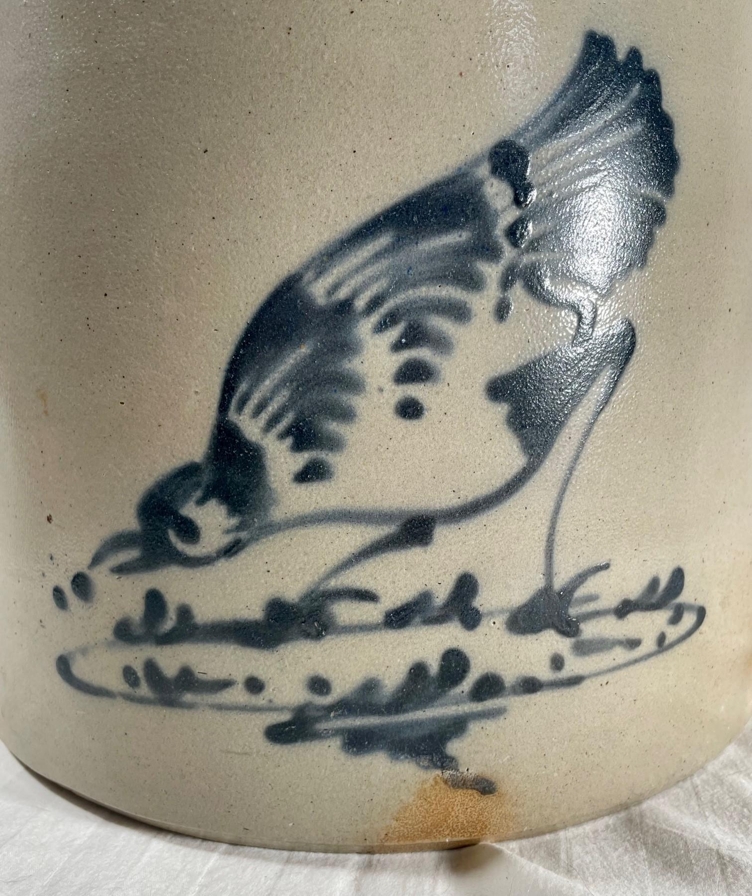 19th Century Stoneware Crock Ottman Bros Fort Edward, NY, Cobalt Pecking Bird Decoration