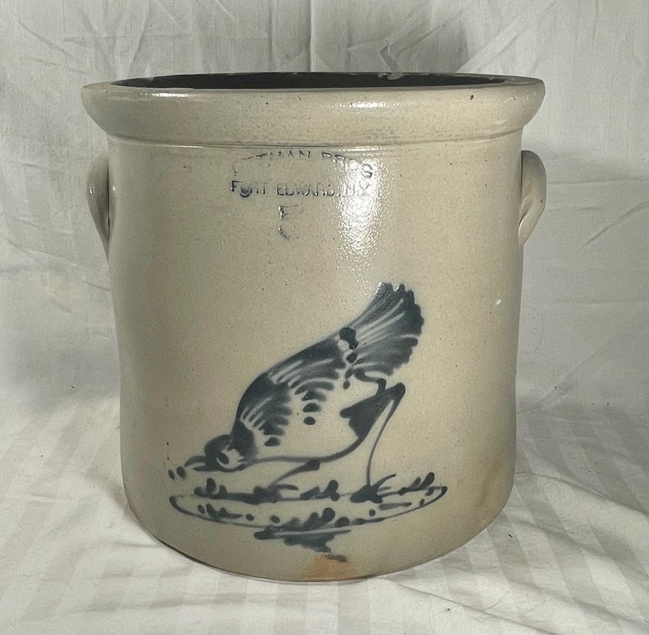 Stoneware Crock Ottman Bros Fort Edward, NY, Cobalt Pecking Bird Decoration.

Late 19th Century Five-Gallon Stoneware Cake Crock with Pecking Cobalt Bird is Stamped, “OTTMAN BRO’S/ & CO/ PORT EDWARD, N.Y.”
Cylindrical crock with tooled shoulder,