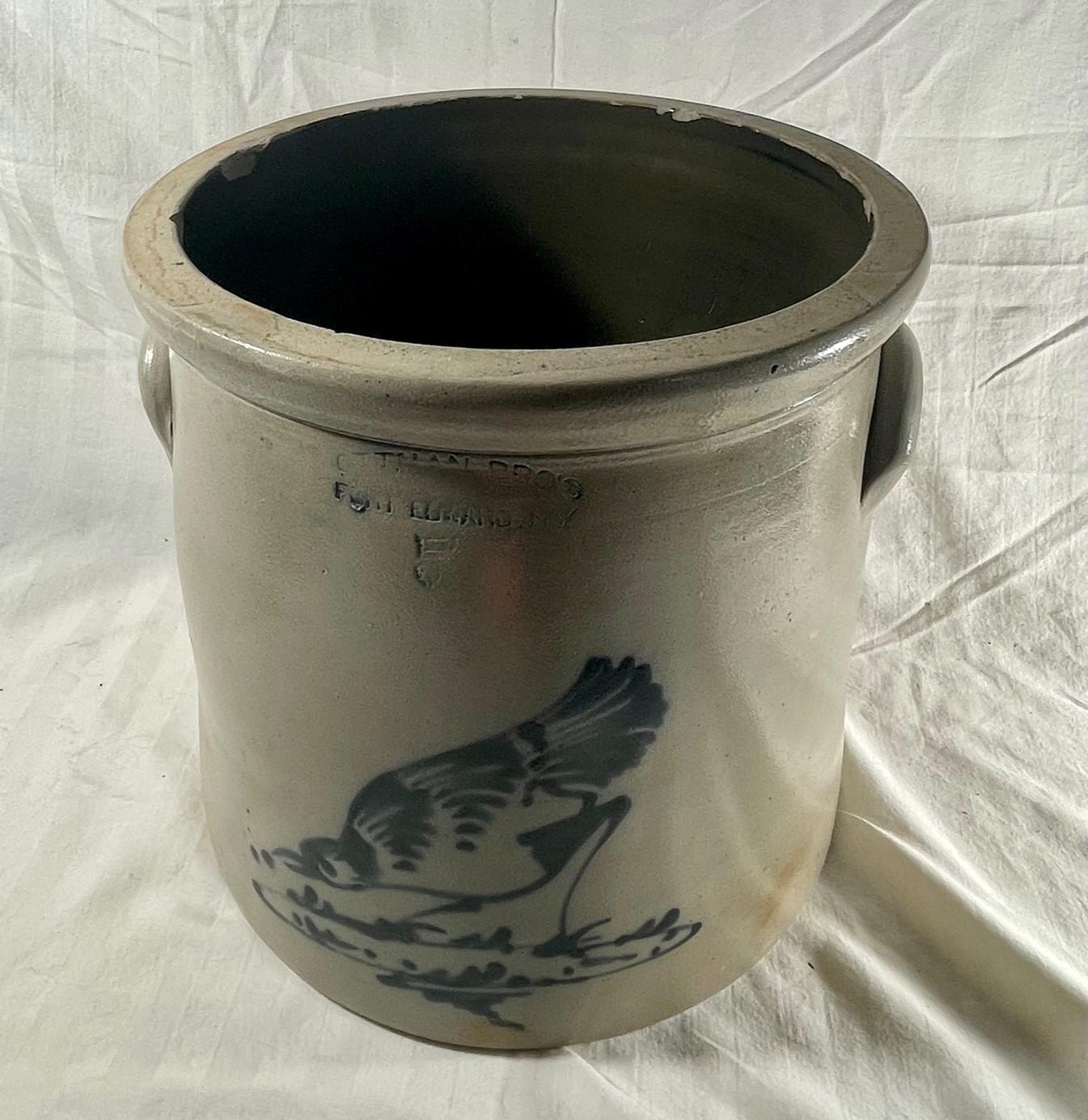 Pottery Stoneware Crock Ottman Bros Fort Edward, NY, Cobalt Pecking Bird Decoration