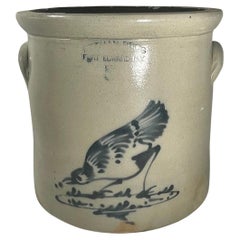 Used Stoneware Crock Ottman Bros Fort Edward, NY, Cobalt Pecking Bird Decoration