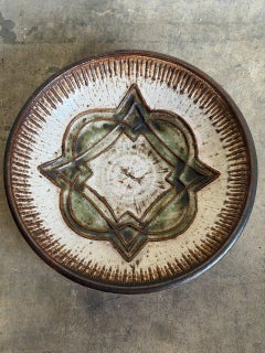 Stoneware Deep Bowl Brown Green Geometric Ceramic Decorative Basin 1960s
