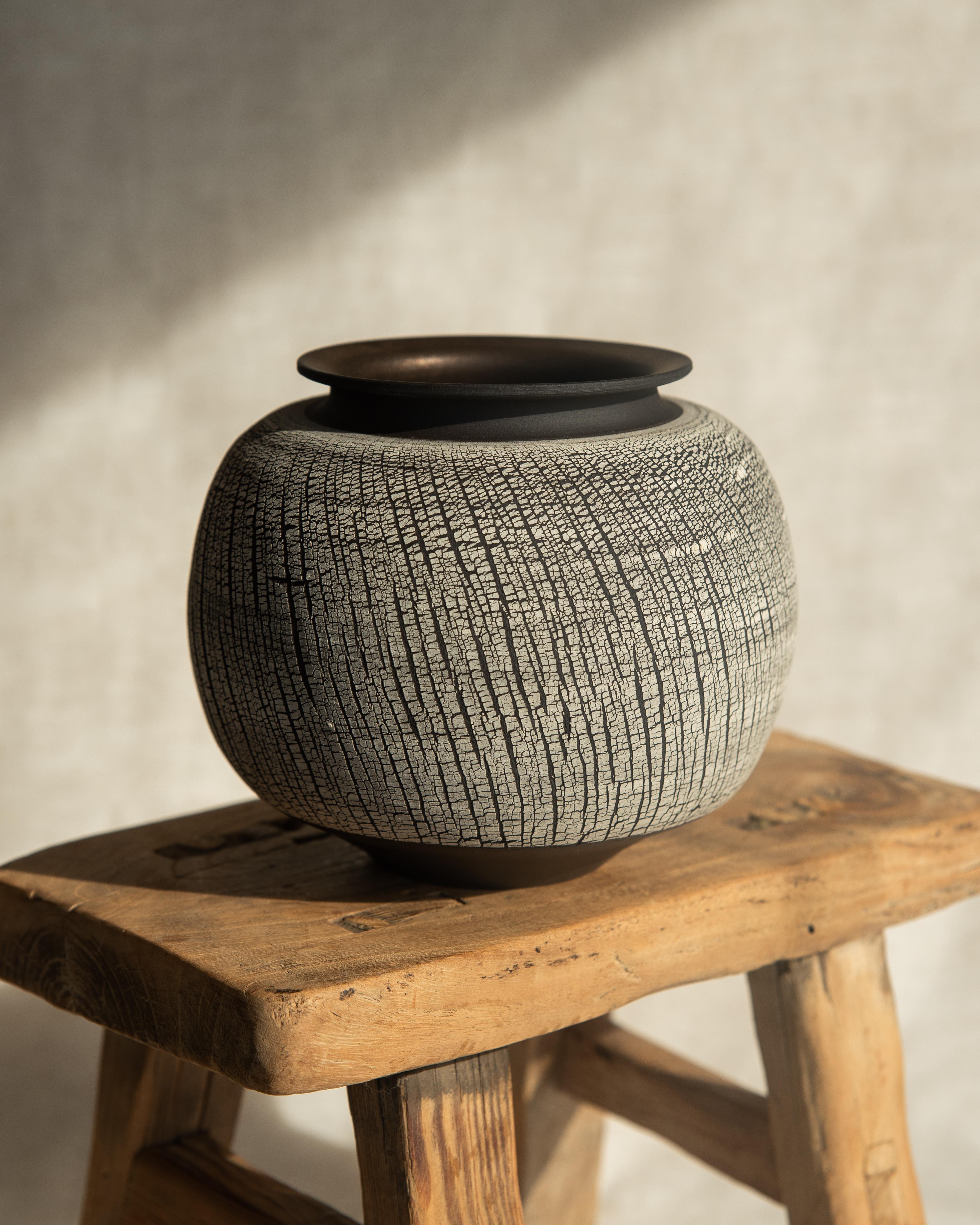 Vaso in gres, Distressed Vessel NO.2 di Alexandria Robys
Dimensioni: D. 17,78 x H. 20,32 cm
Materiali: Gres bianco e nero rivestito di smalto bronzo
Colori - Pietra arenaria/avorio o Onice/avorio

La mia prima interazione con l'argilla risale al
