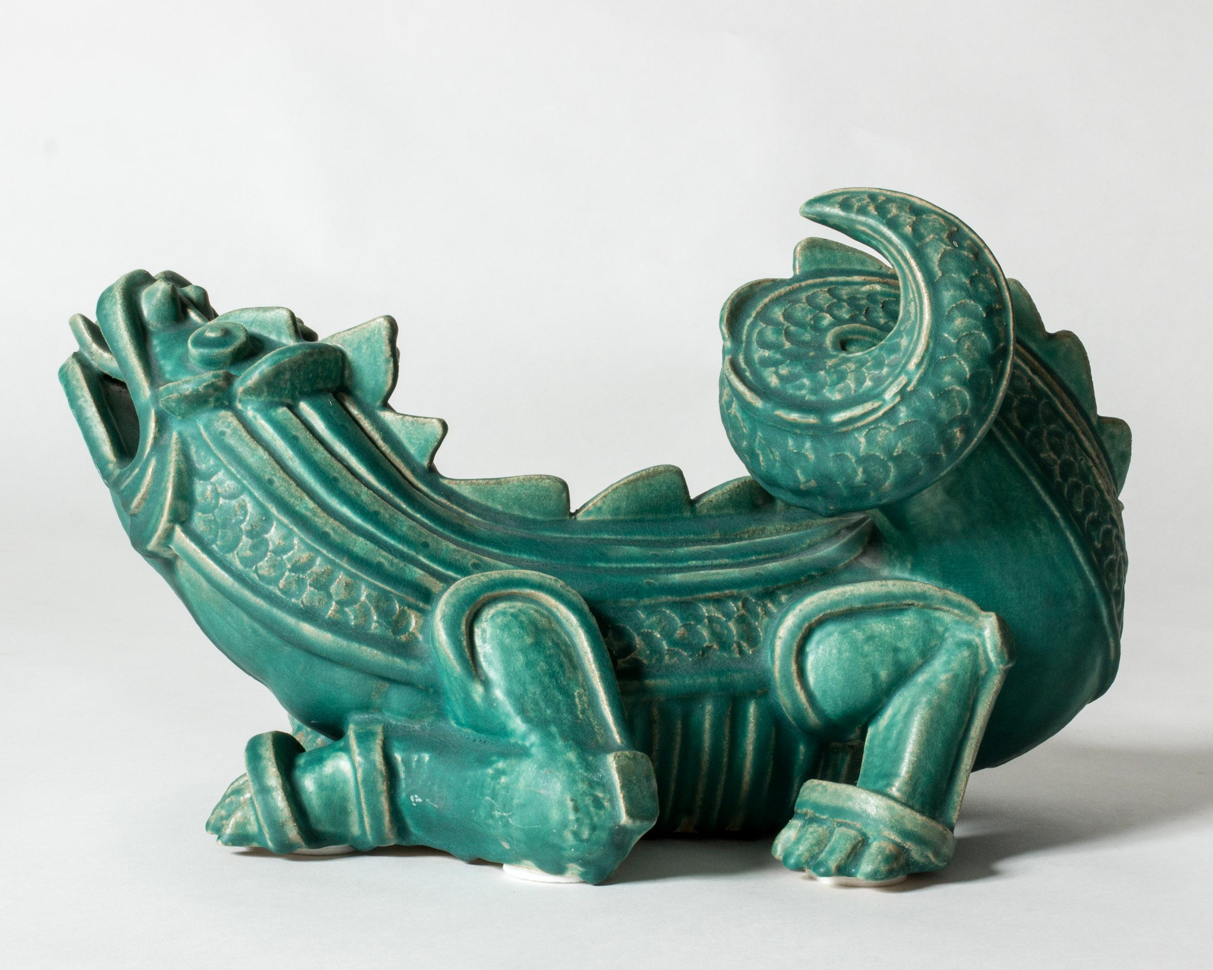 Swedish Stoneware dragon sculpture by Wilhelm Kåge, Gustavsberg, Sweden, 1940s For Sale