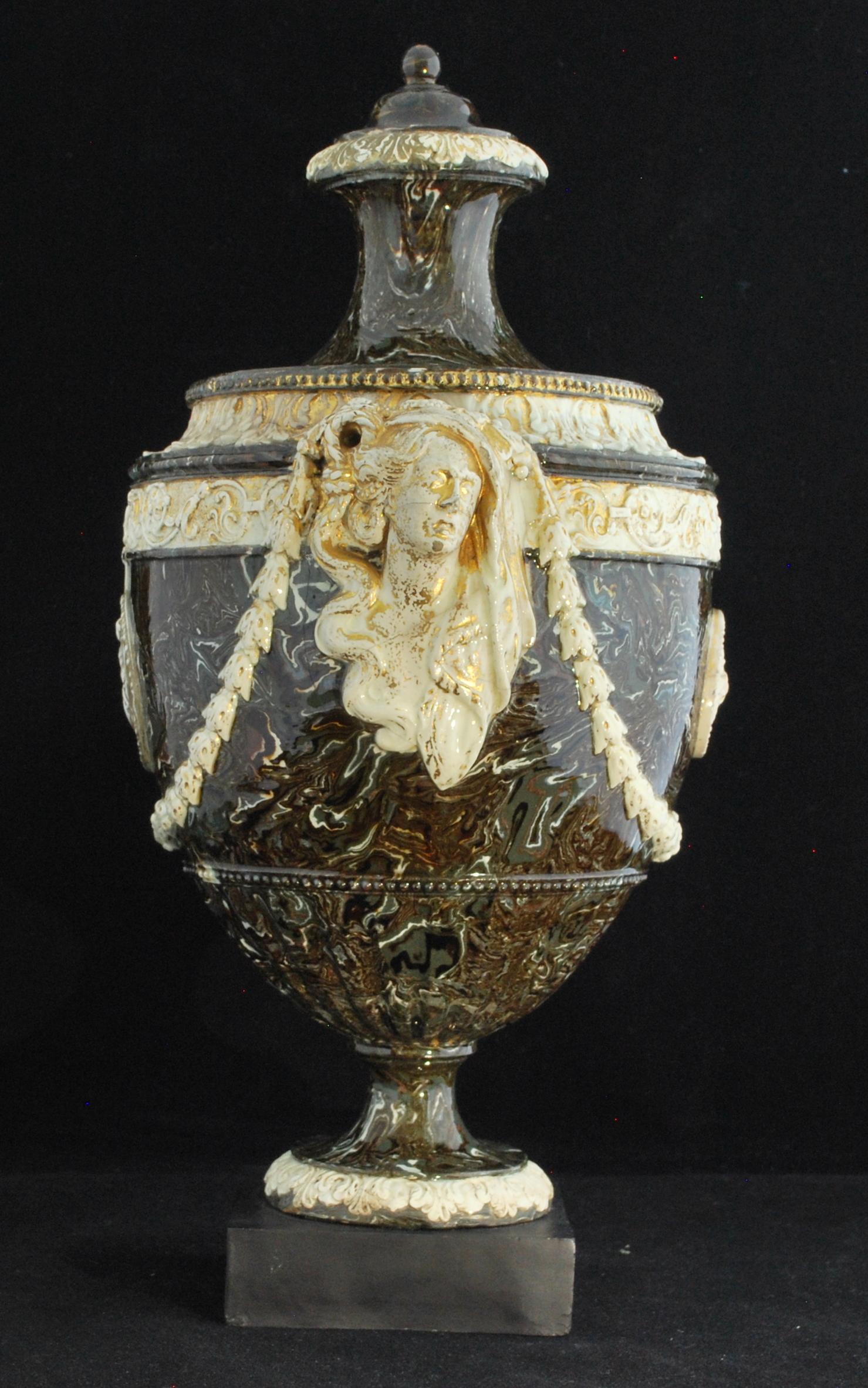 Shield-shaped vase, decorated to simulate semi-precious stone and enhanced with gilding.