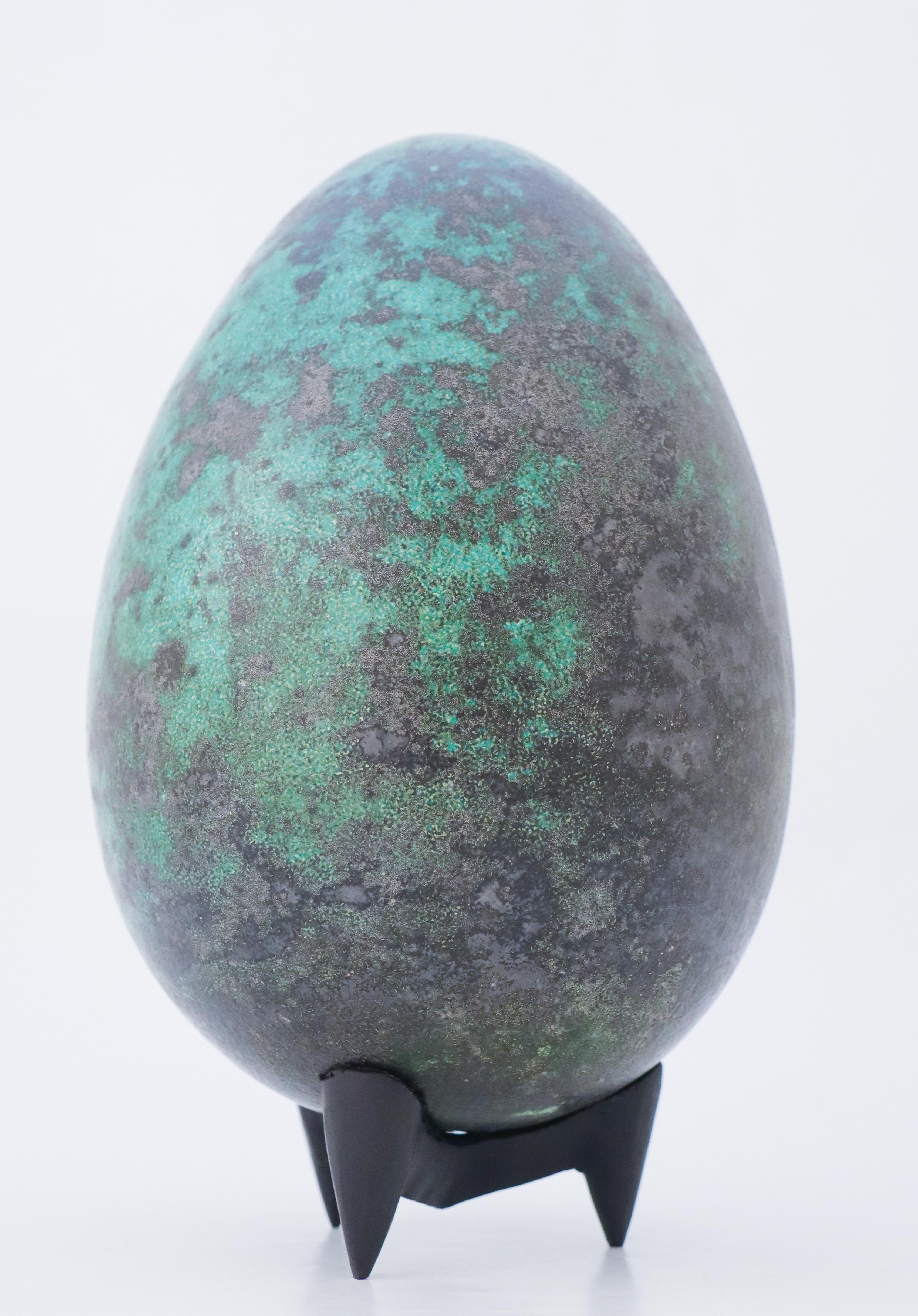 Glazed Stoneware Egg Green & Black-Tone Glaze by Hans Hedberg, Biot, France For Sale