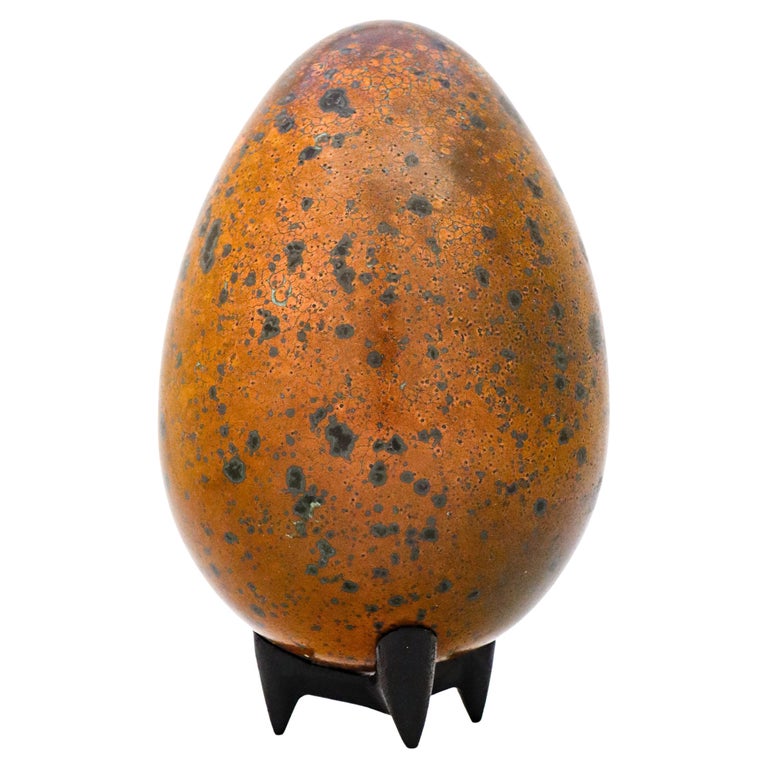Stoneware Egg Sculpture Brown Speckled Glaze by Hans Hedberg Mid