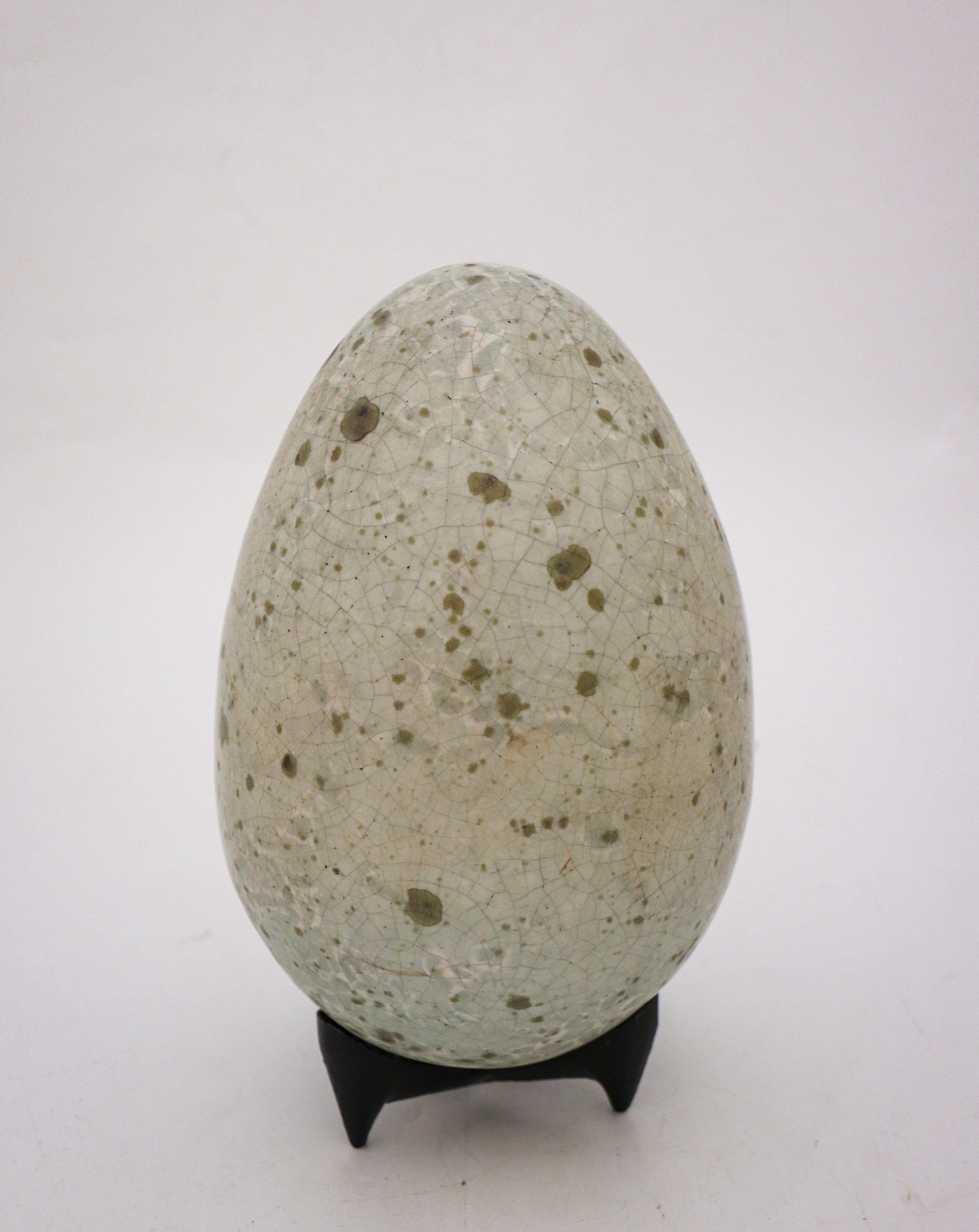 Glazed Stoneware Egg Sculpture Gray & Green by Hans Hedberg, Biot, France For Sale