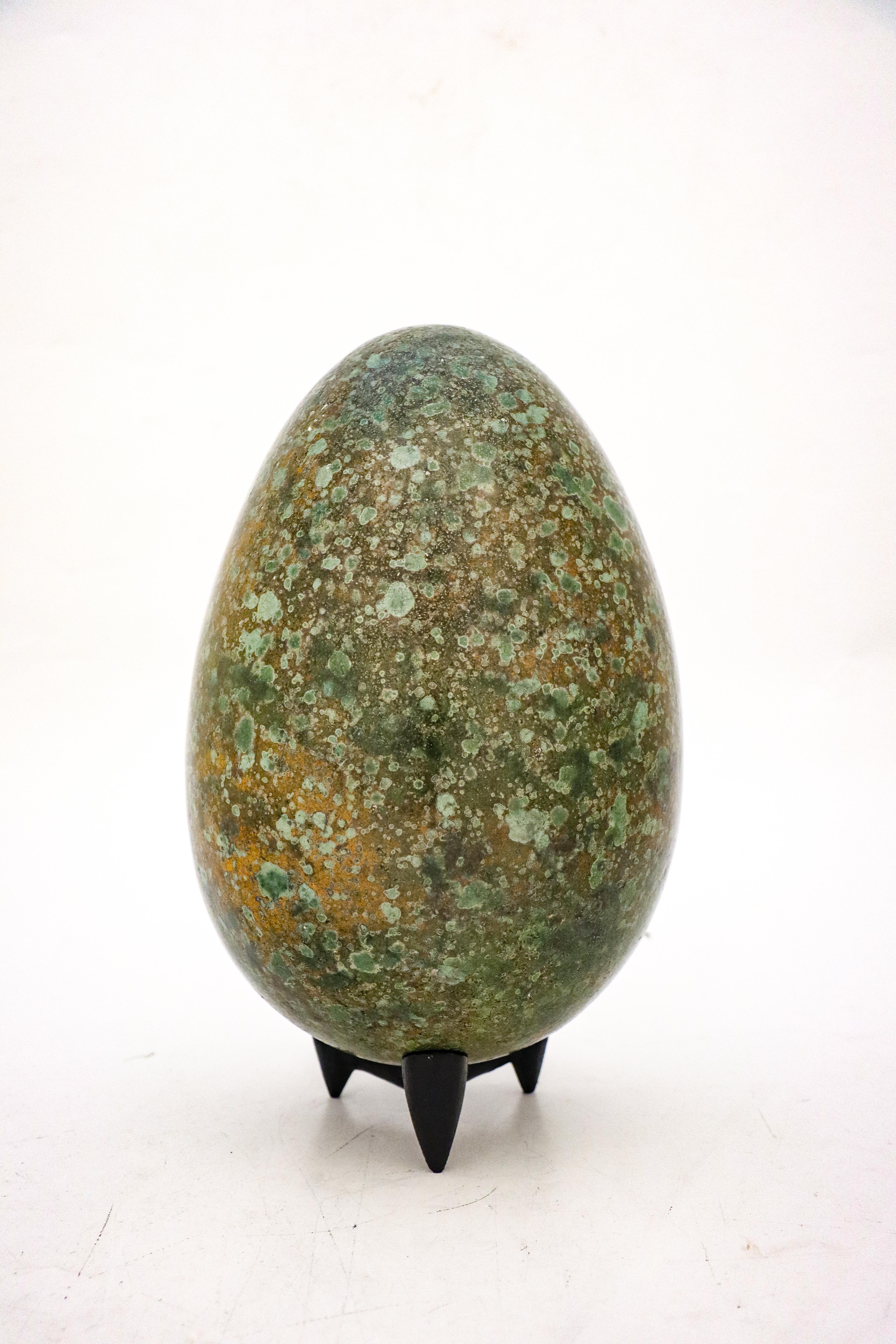 Scandinavian Modern Stoneware Egg Sculpture Green Speckled Glaze by Hans Hedberg Mid-Century Modern For Sale