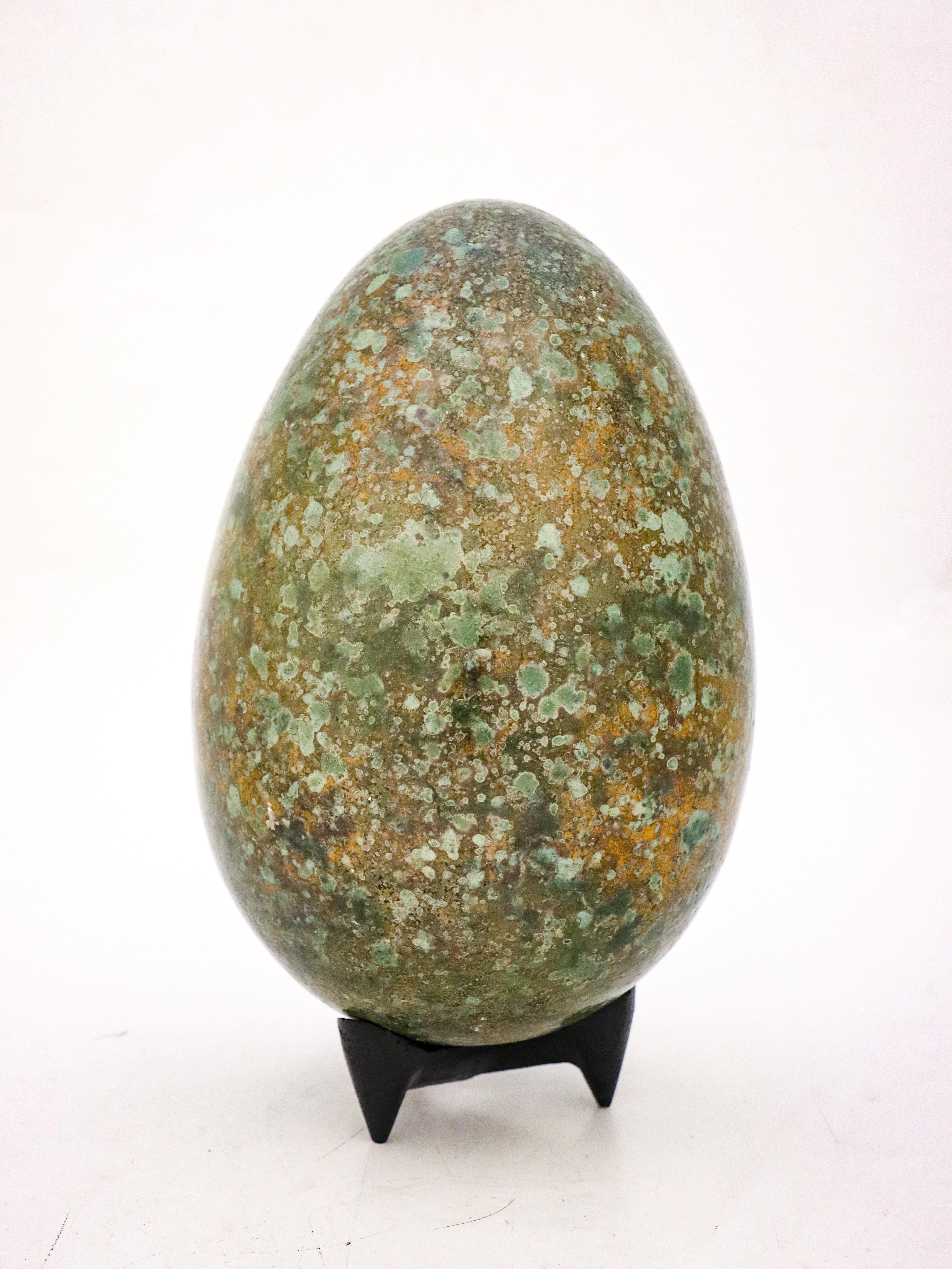 French Stoneware Egg Sculpture Green Speckled Glaze by Hans Hedberg Mid-Century Modern For Sale
