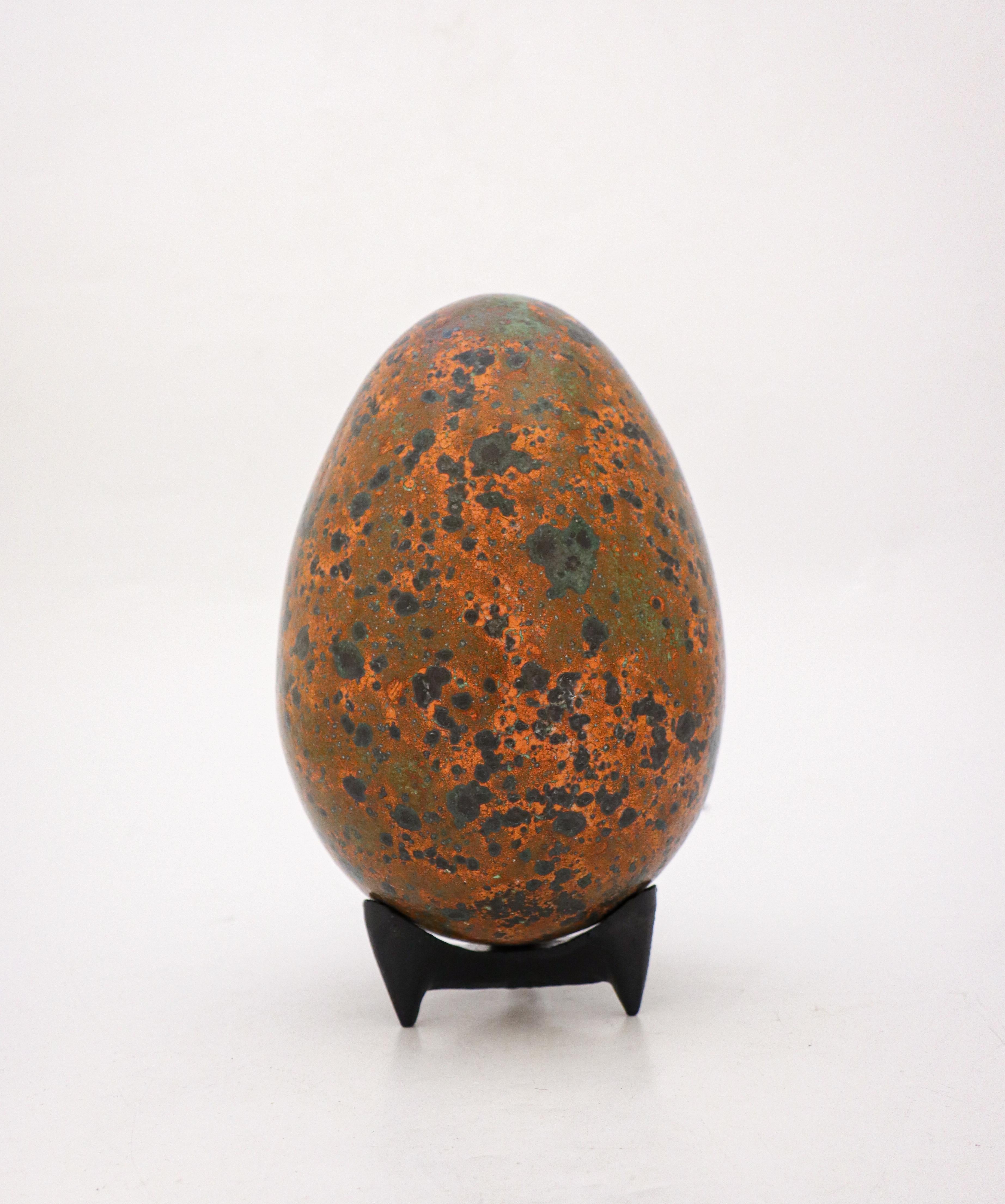 Glazed Stoneware Egg Sculpture Orange/Brown/Green by Hans Hedberg, Biot, France For Sale