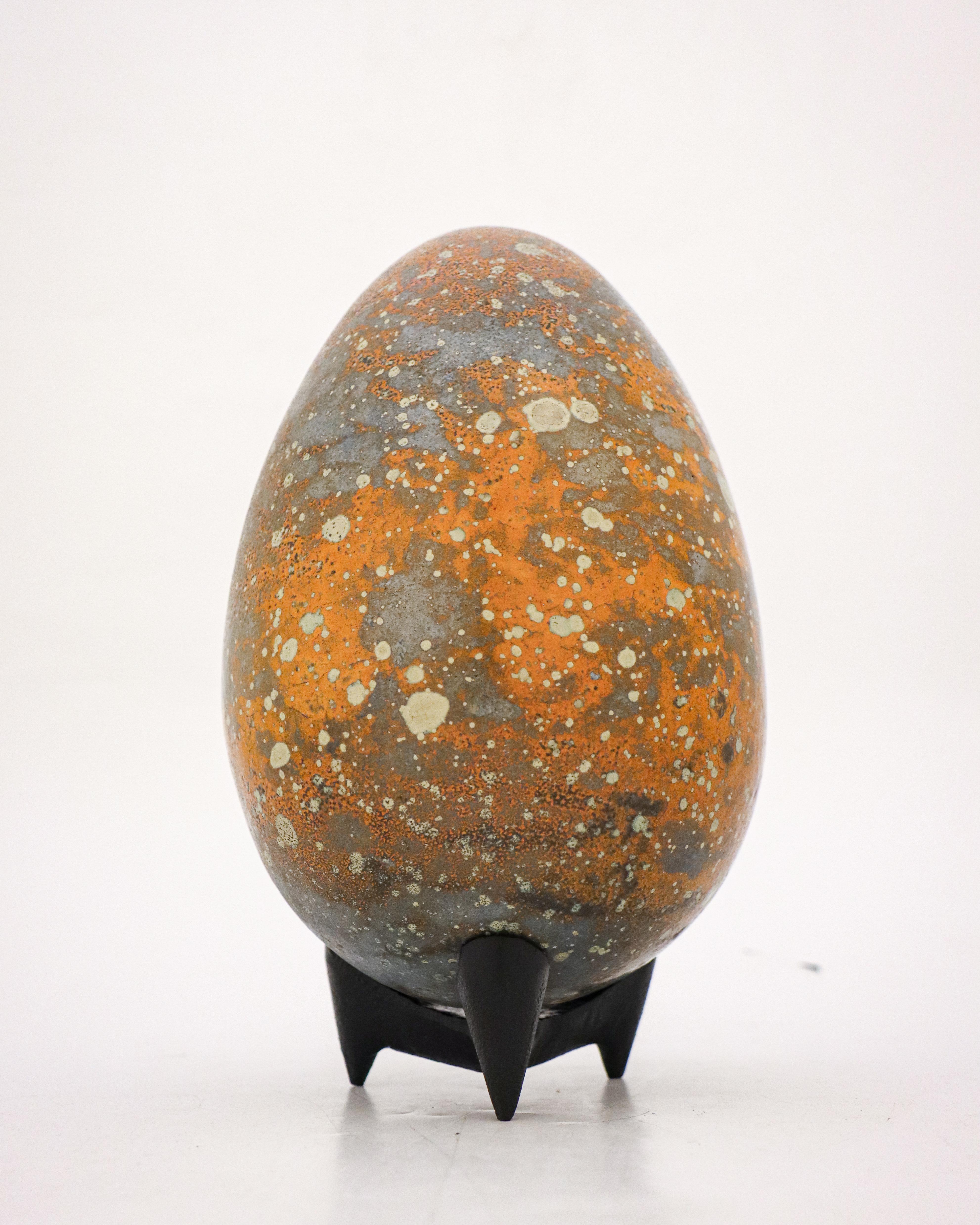 Glazed Stoneware Egg Sculpture Orange & Gray-Tone by Hans Hedberg, Biot, France For Sale