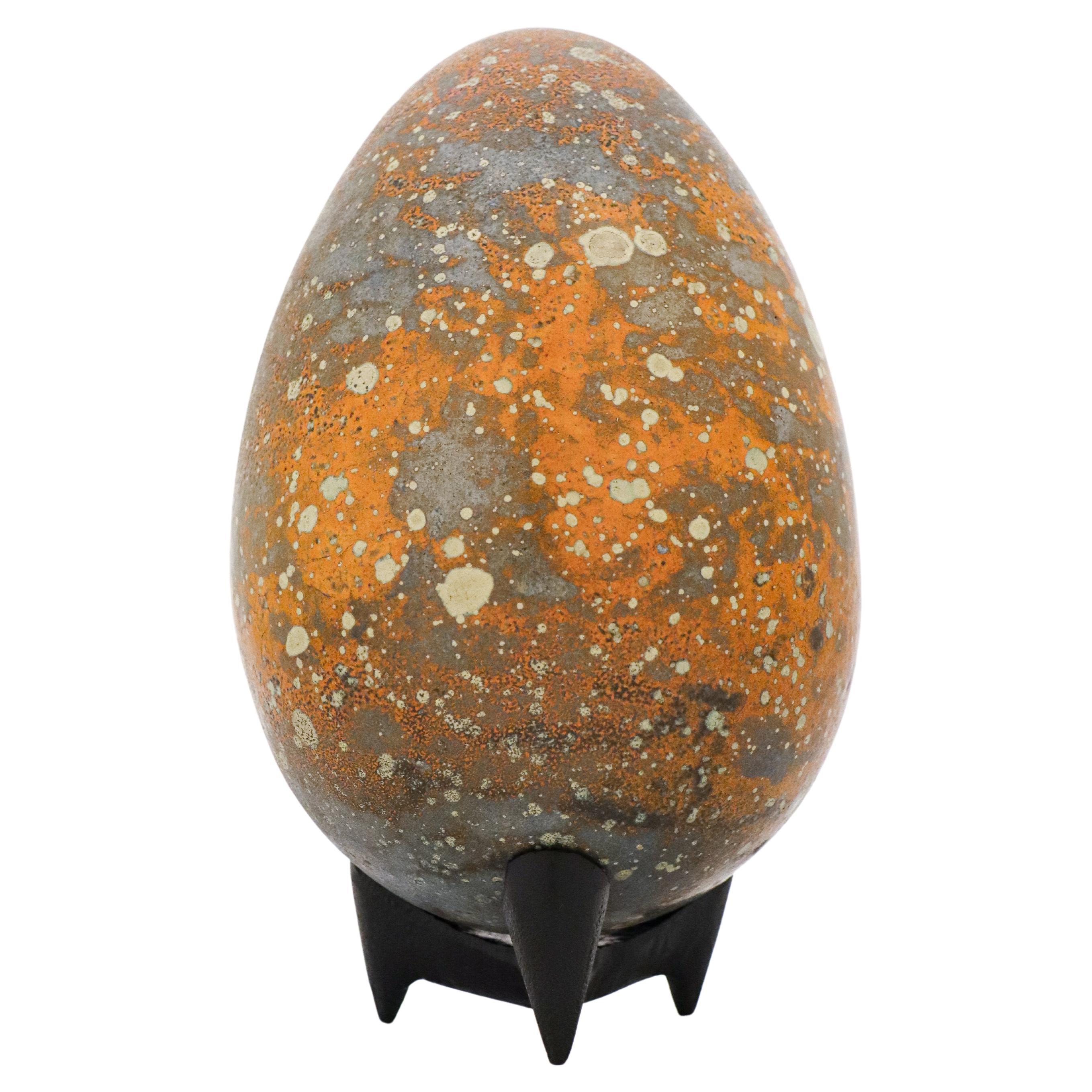 Stoneware Egg Sculpture Orange & Gray-Tone by Hans Hedberg, Biot, France For Sale