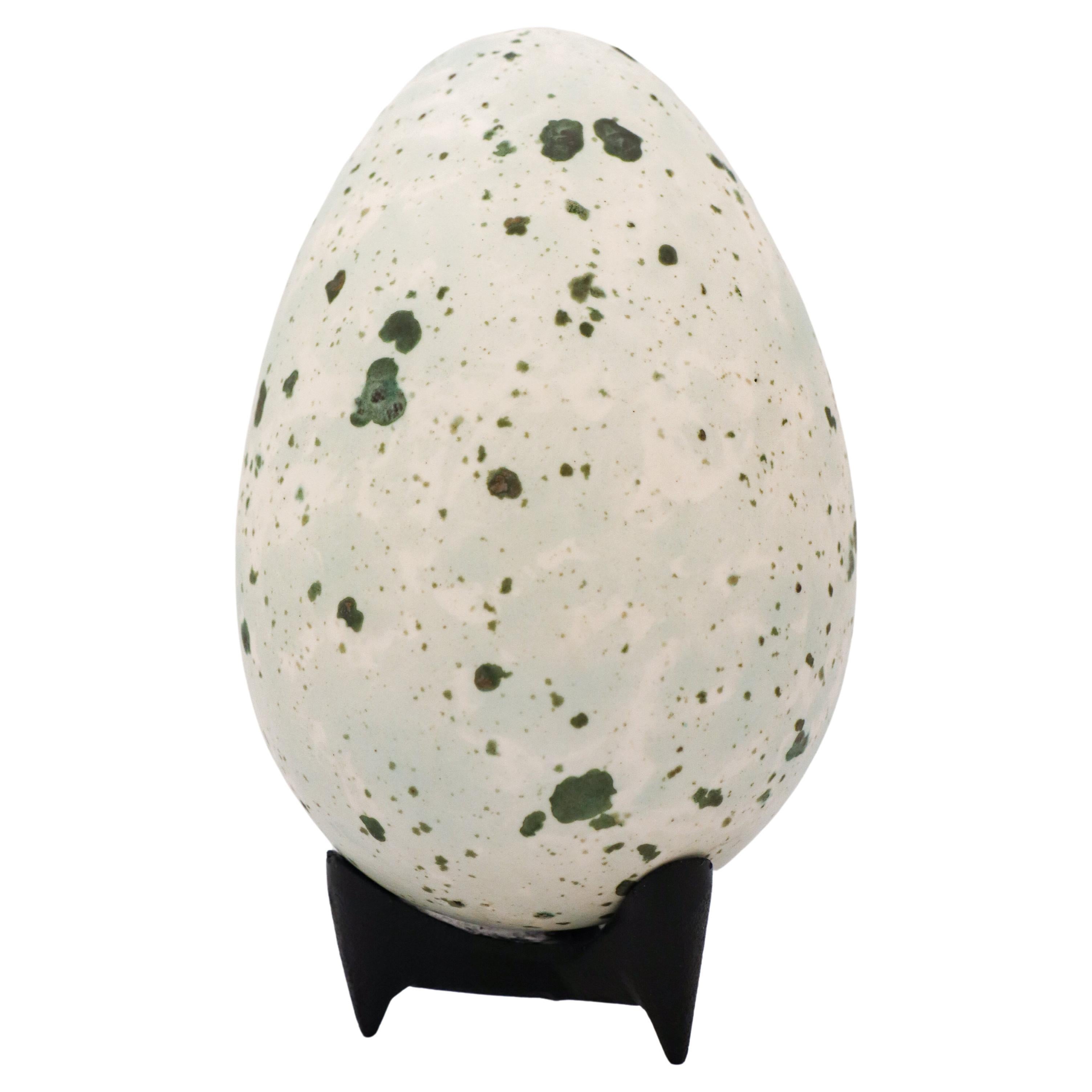 Stoneware Egg Sculpture White & Turquoise by Hans Hedberg, Biot, France For Sale