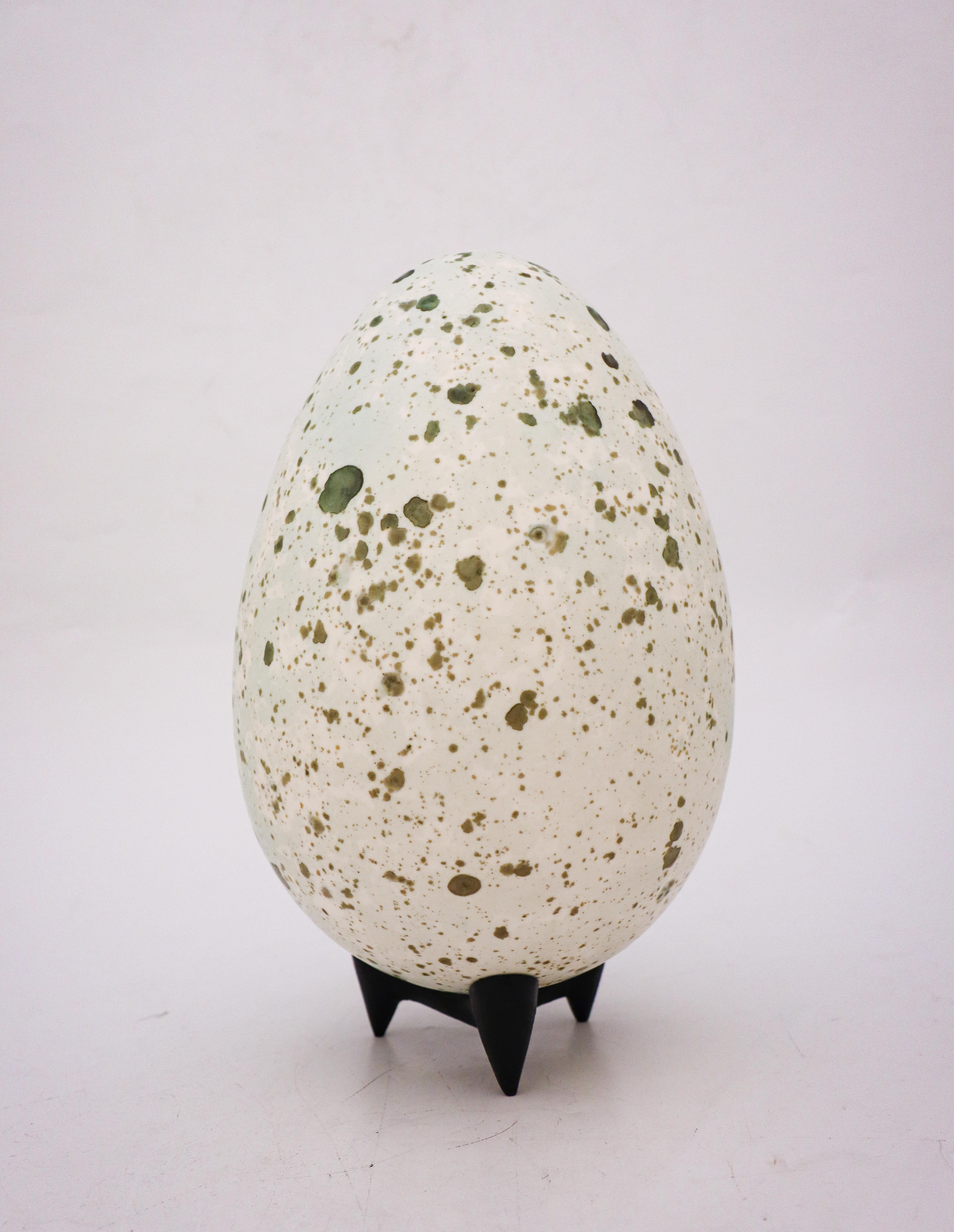 Glazed Stoneware Egg Sculpture White & Turquoise Glaze by Hans Hedberg Mid-Century For Sale