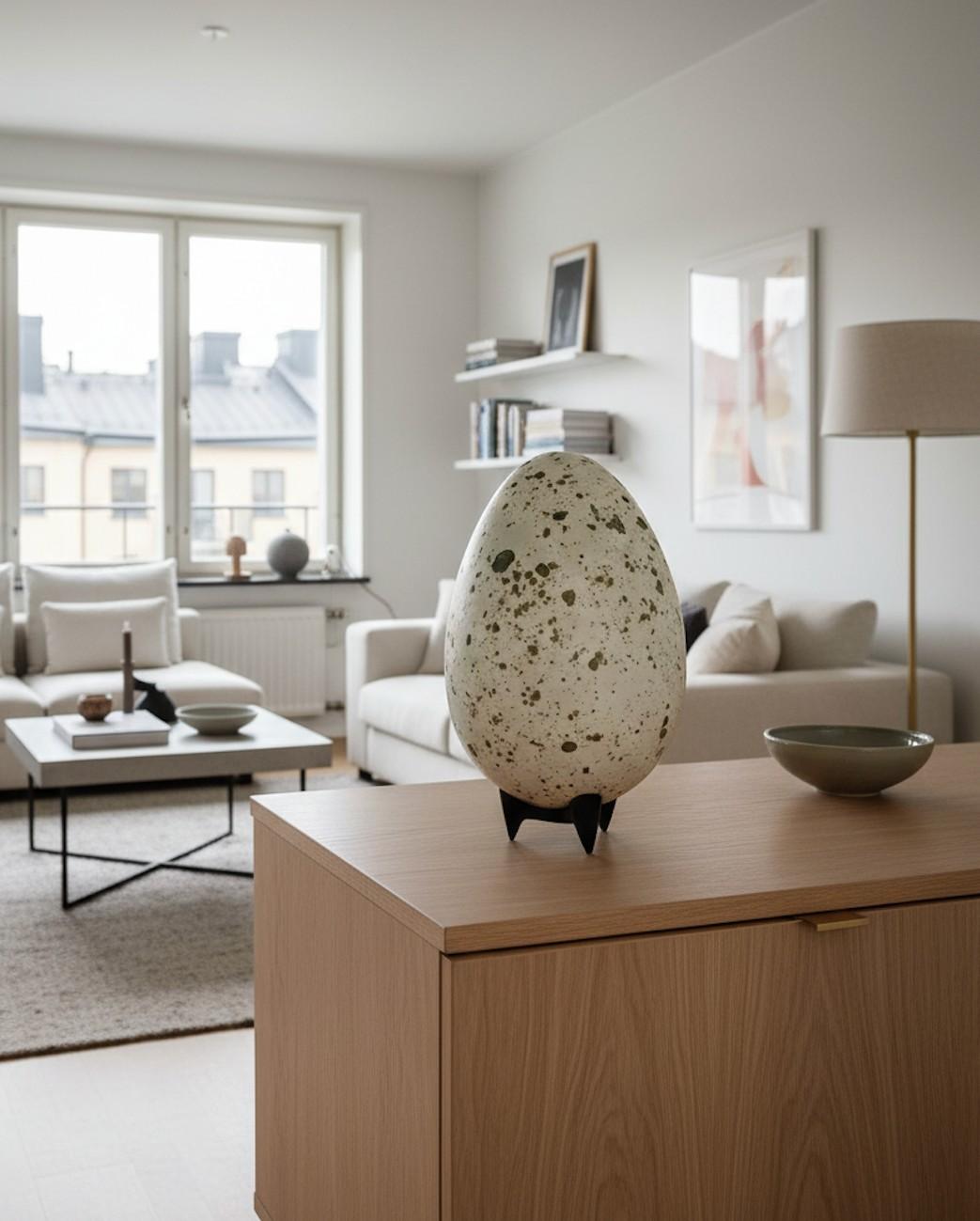 Escultura huevo de gres esmaltado blanco y turquesa de Hans Hedberg Mediados de siglo Glaseado en venta