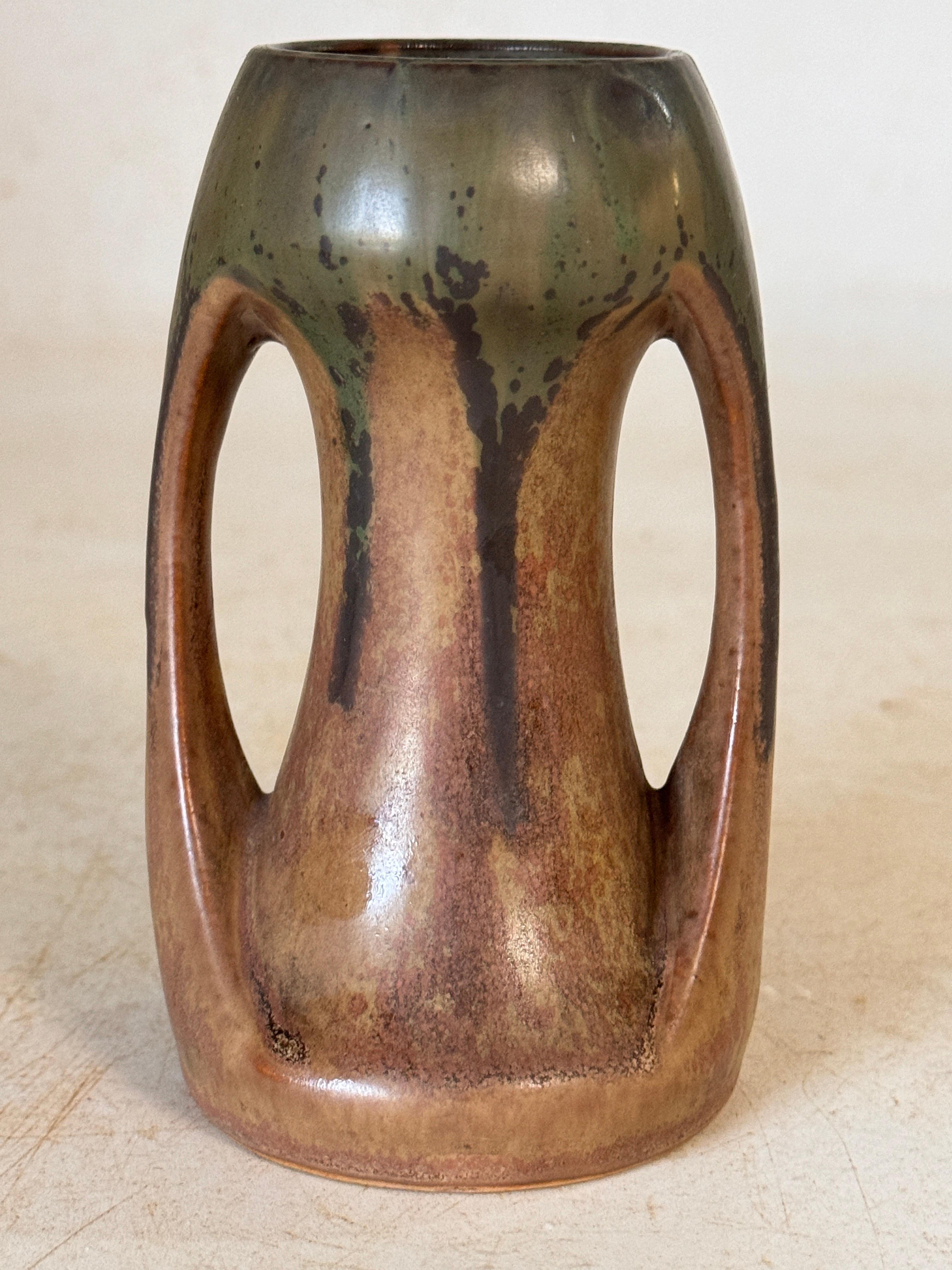 Mid-20th Century Stoneware Enameled Vase with 2 handles, Brown And Green Color, France 1930  For Sale