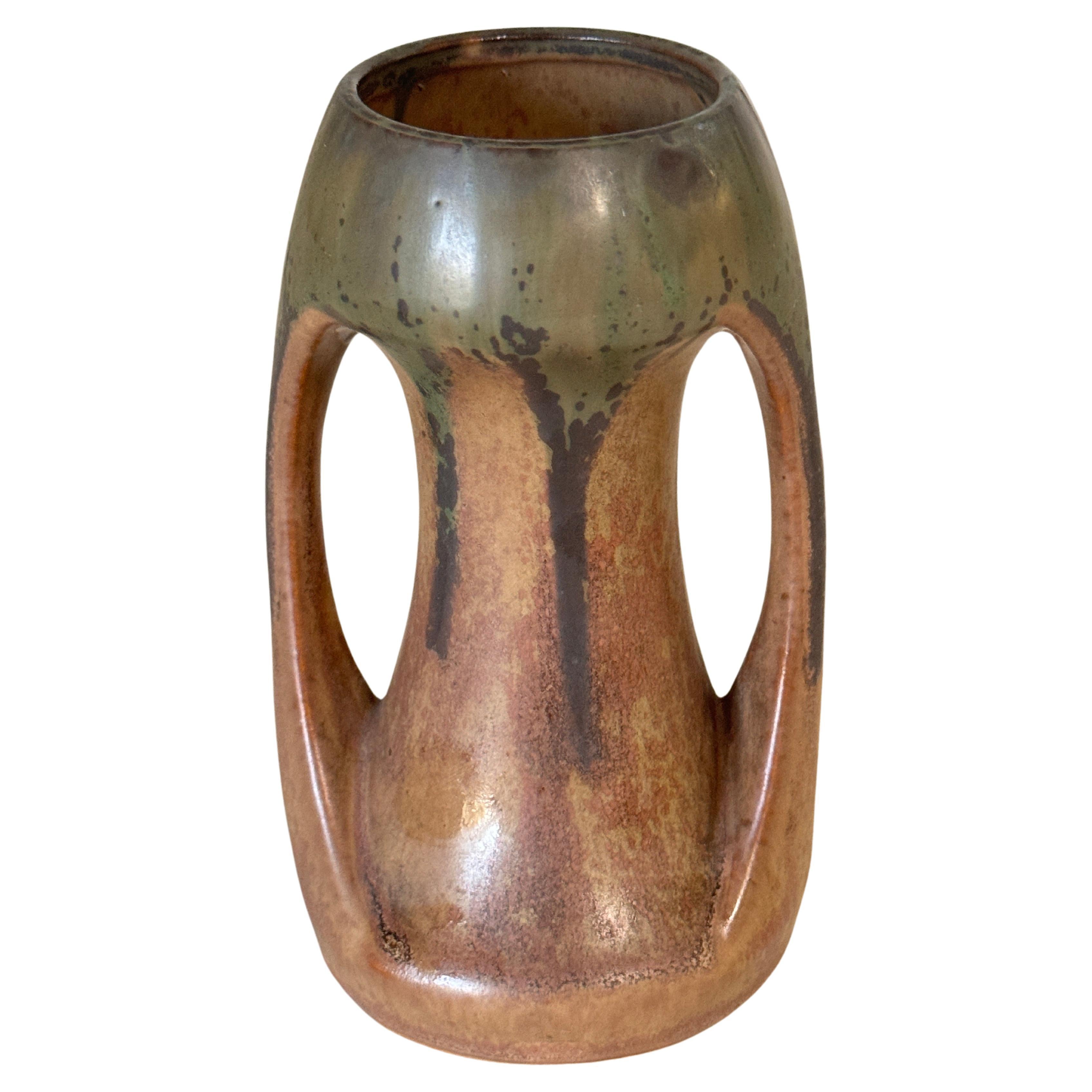 Stoneware Enameled Vase with 2 handles, Brown And Green Color, France 1930  For Sale