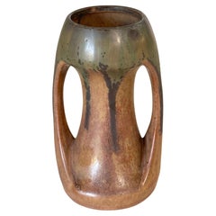 Stoneware Enameled Vase with 2 handles, Brown And Green Color, France 1930 