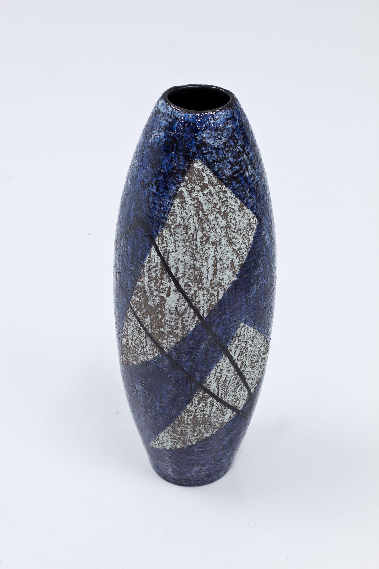 Stoneware floor vase designed by Ingrid Atterberg. 
Manufactured by Upsala-Ekeby in Uppsala, Sweden during the 1950s. 
Rough surface with blue, light green and black glaze. Geometrical pattern.
Stamped by the maker underneath.