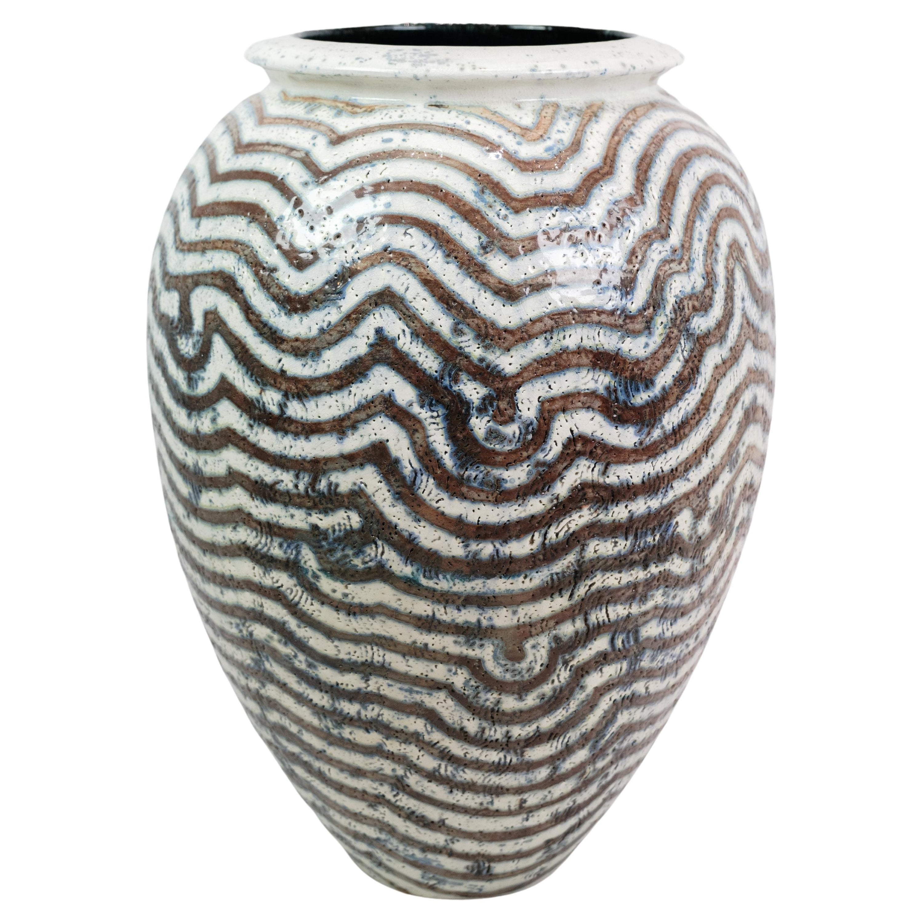 Stoneware Floor Vase In Blue, Grey & White By Per Weiss From 1980s