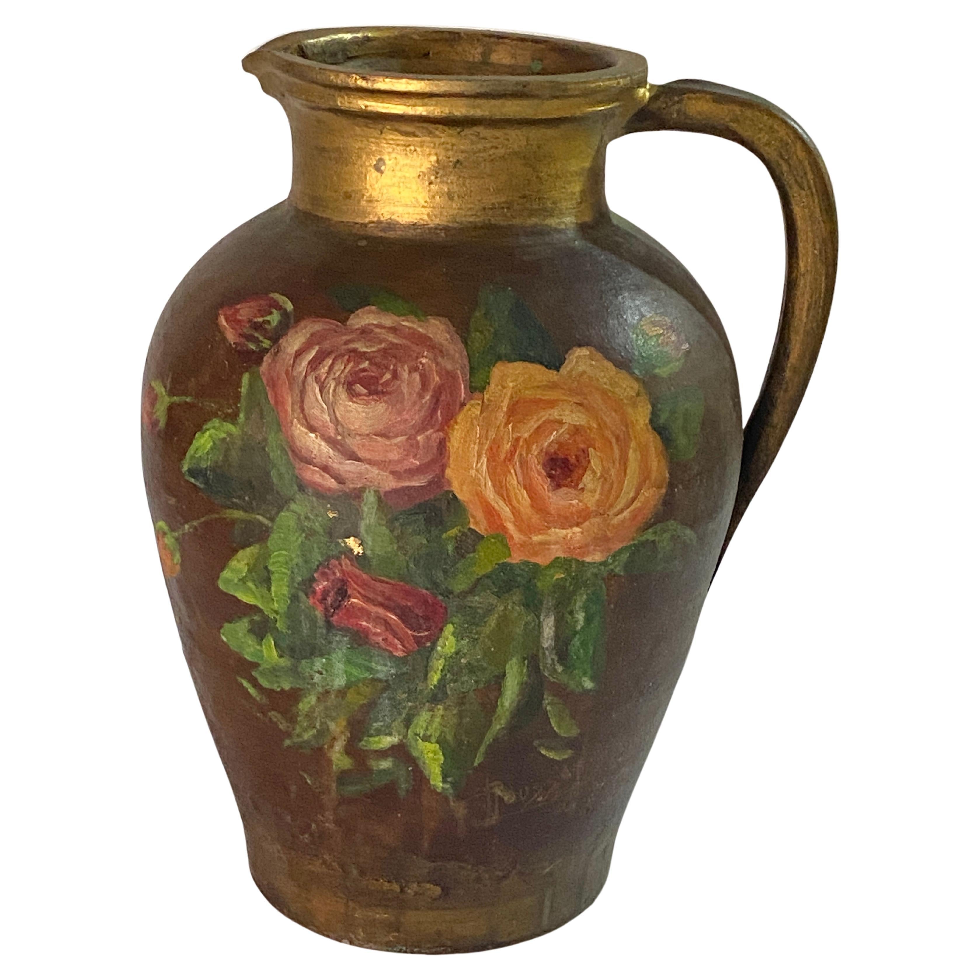 Stoneware Jug or Pitcher, Hand Painted, Flowers Decor Pattern, France, 1940 For Sale