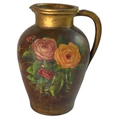 Stoneware Jug or Pitcher, Hand Painted, Flowers Decor Pattern, France, 1940