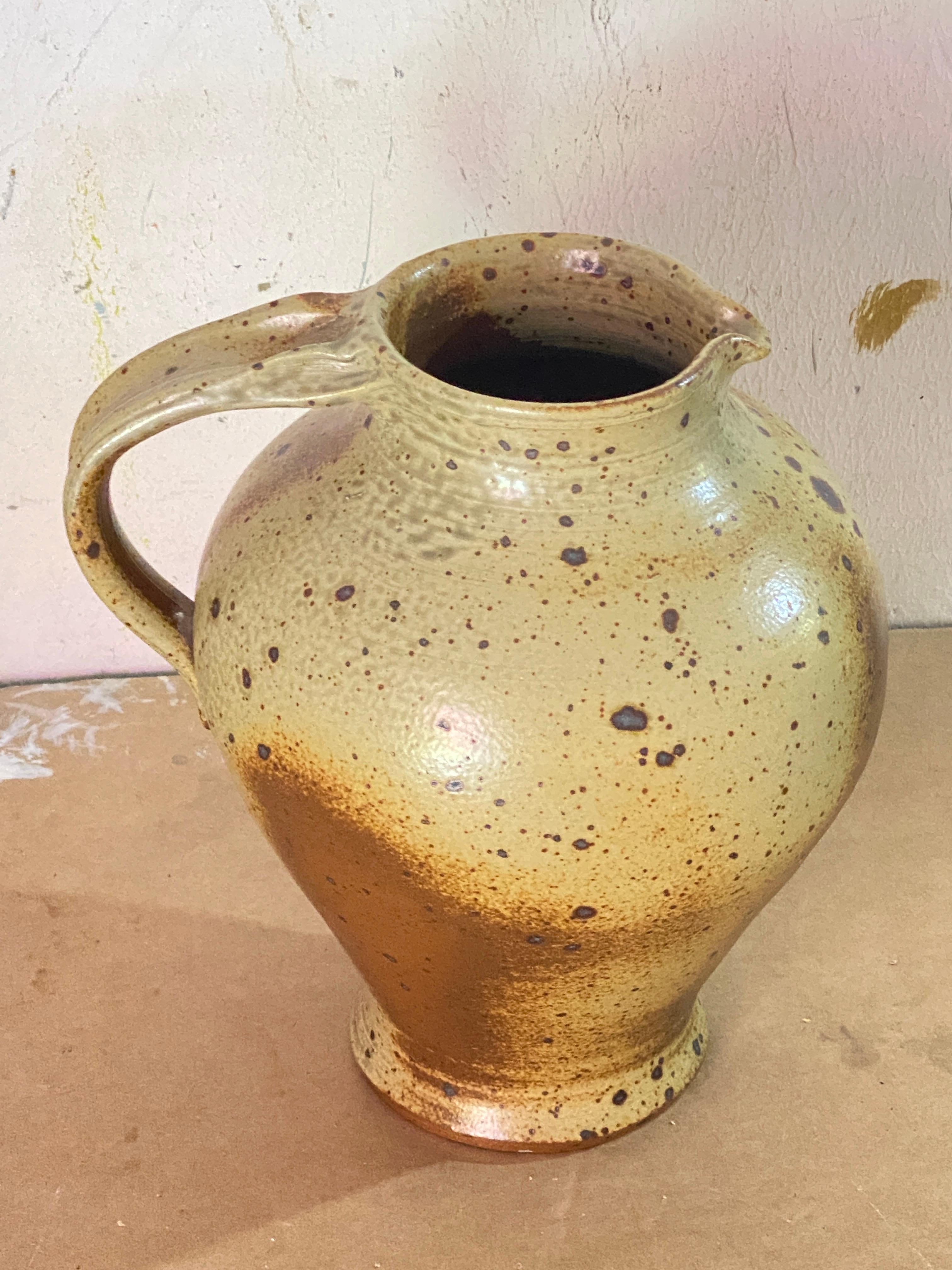 French Stoneware Jug, Pitcher,  beautiful Patina, from France circa 1960, beige, brown For Sale