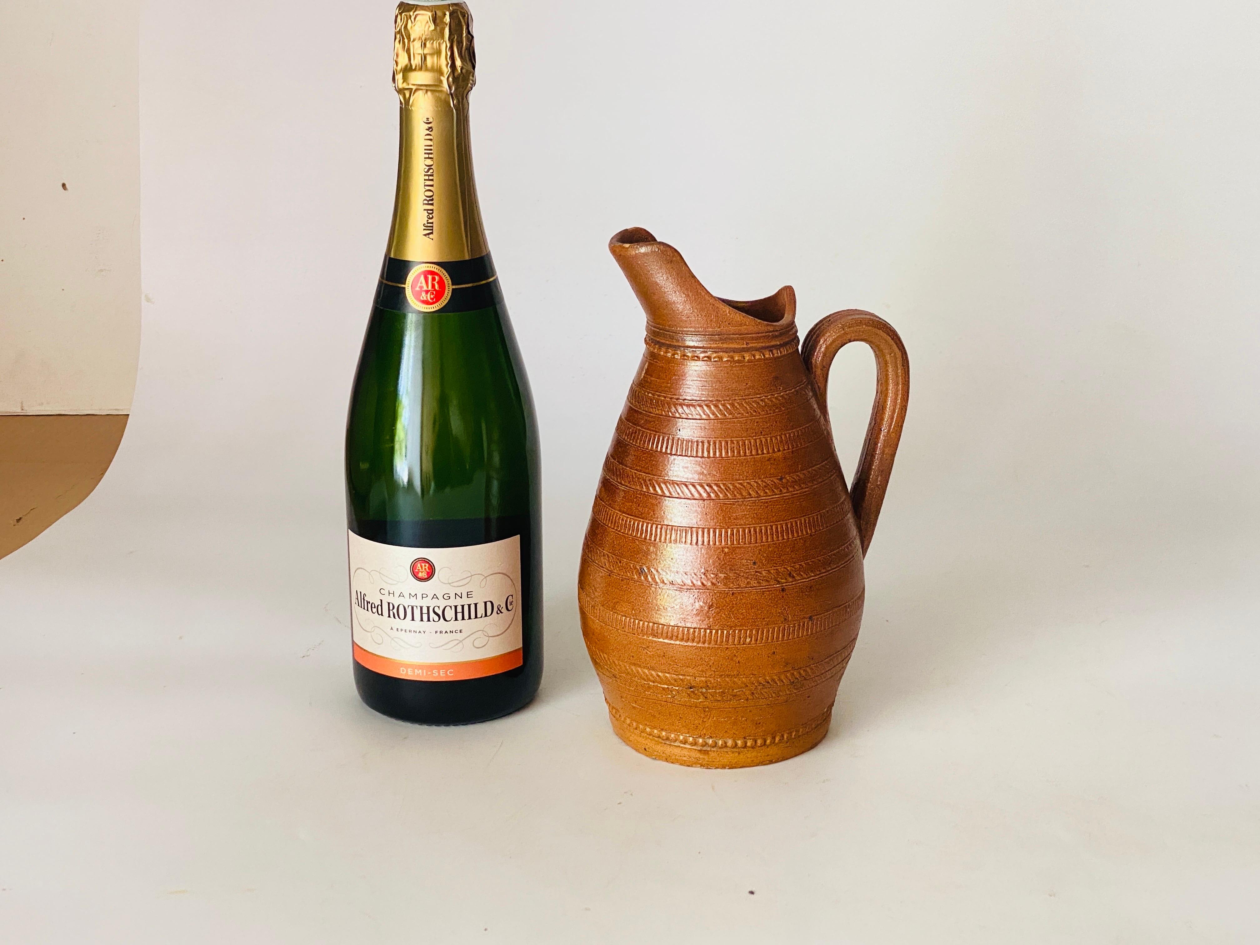 French Stoneware Jug Pitcher Beautiful Patina from France circa 1960 Brown For Sale