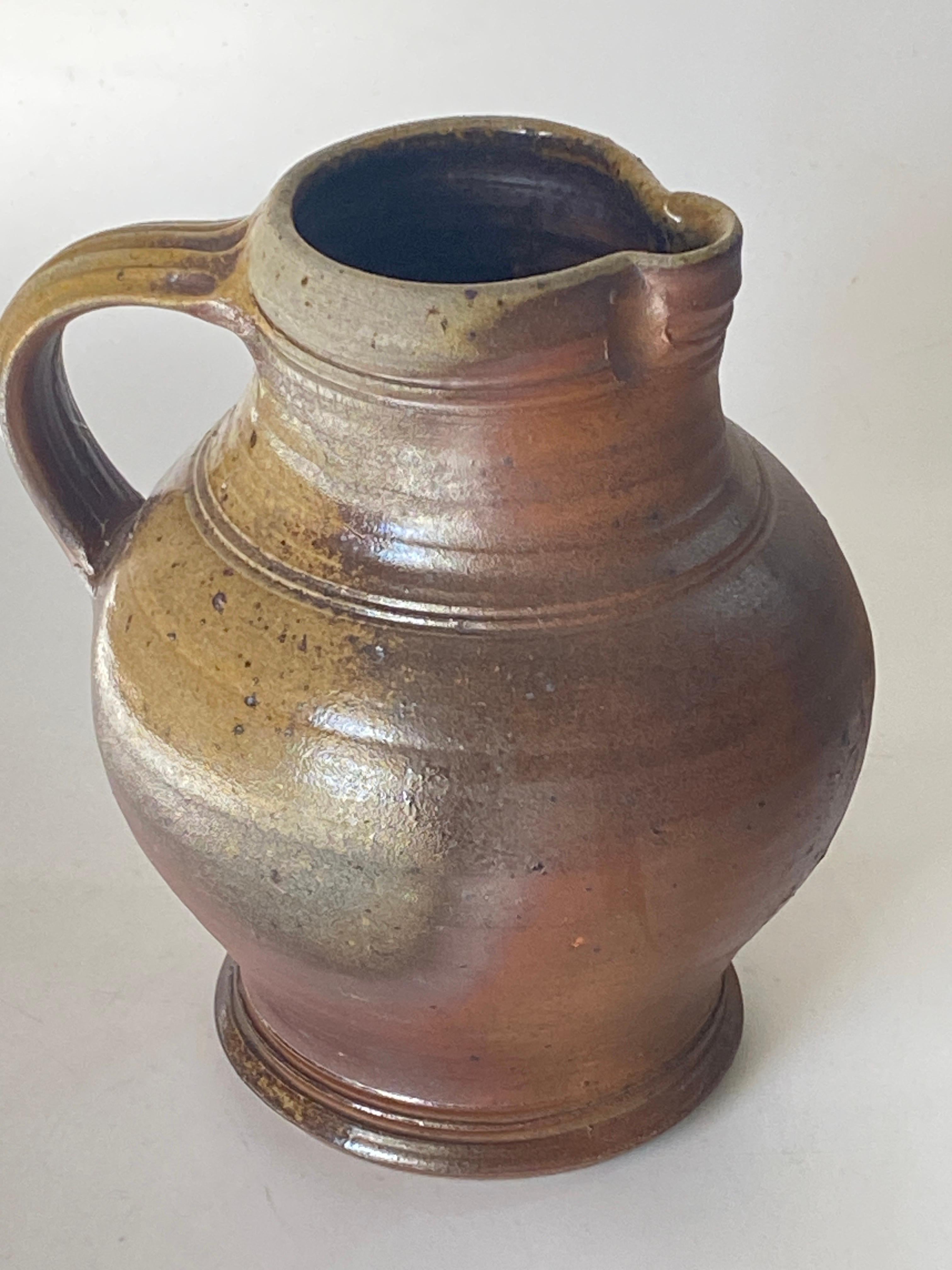 Stoneware Jug Pitcher by Eric Astoul Signed Beautiful Patina from France Brown For Sale 2