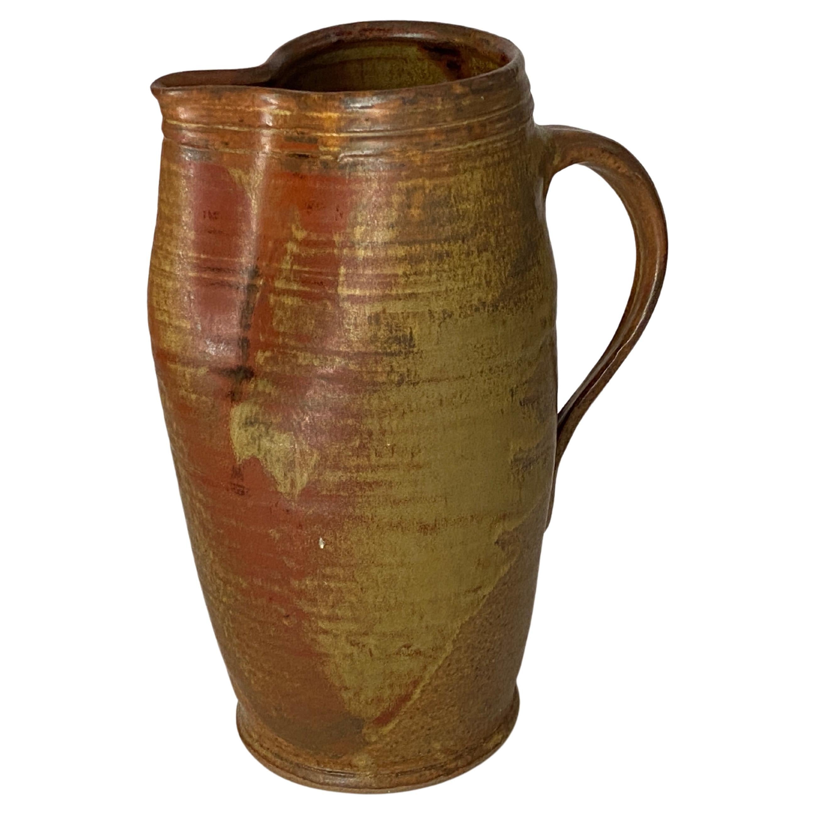 Stoneware Jug Pitcher Signed Beautiful Patina from France Brown Color For Sale