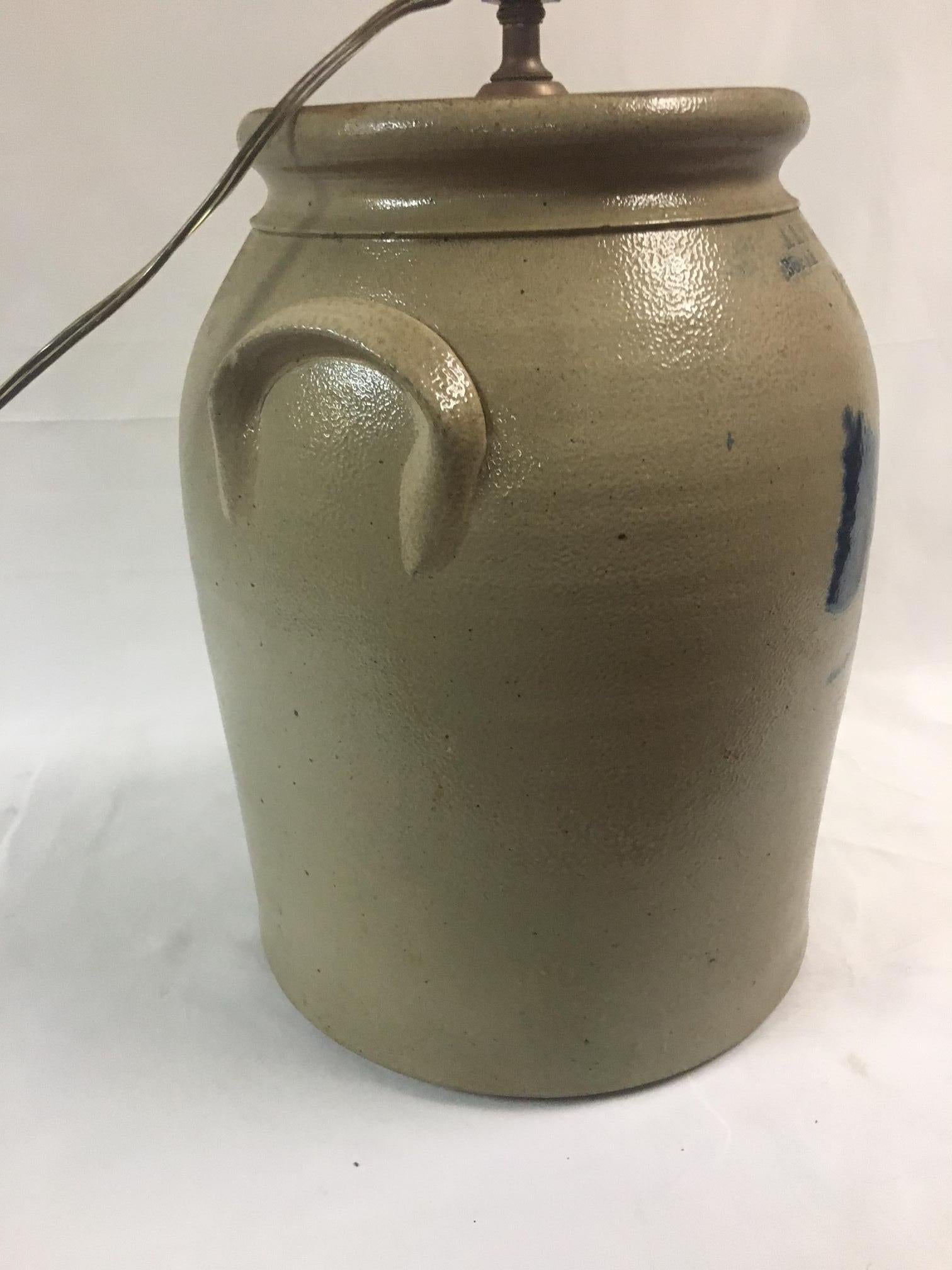 Stoneware Lamp made from 3 Gallon Jar Stamped A.K. Ballard Burlington VT In Good Condition In Savannah, GA