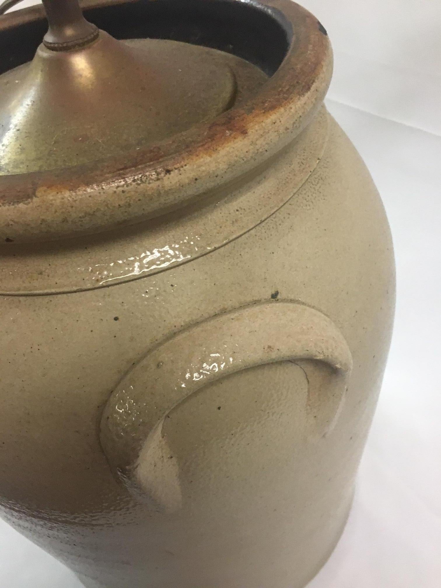 Metal Stoneware Lamp made from 3 Gallon Jar Stamped A.K. Ballard Burlington VT