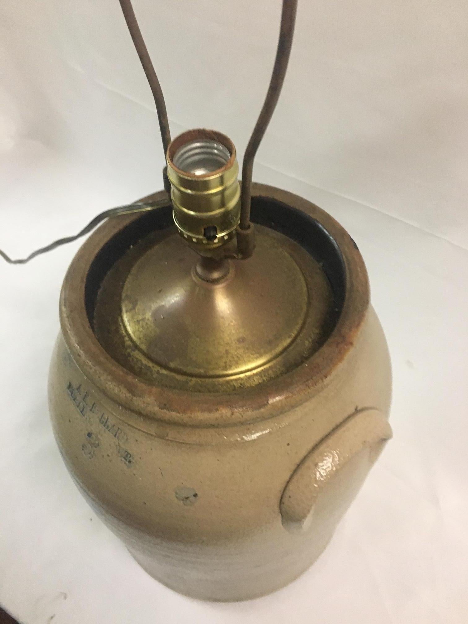 Stoneware Lamp made from 3 Gallon Jar Stamped A.K. Ballard Burlington VT 1