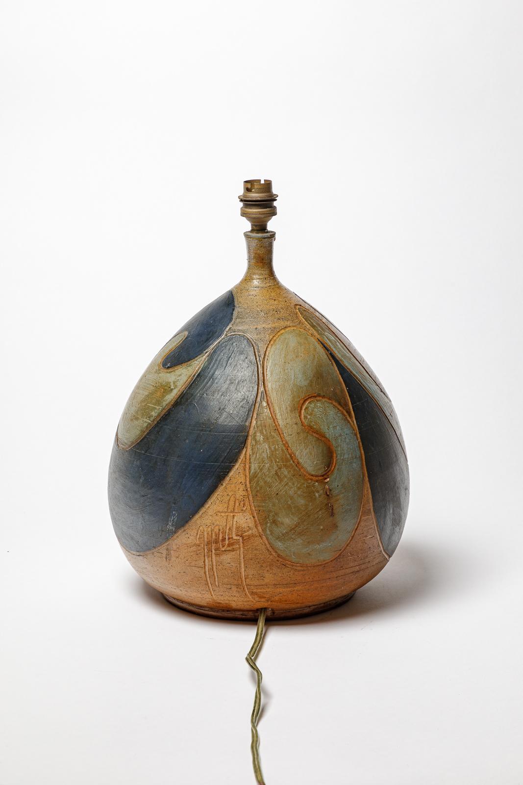 Beaux Arts Stoneware lamp with geometric decoration by Georges Martin, circa 1970-1980. For Sale