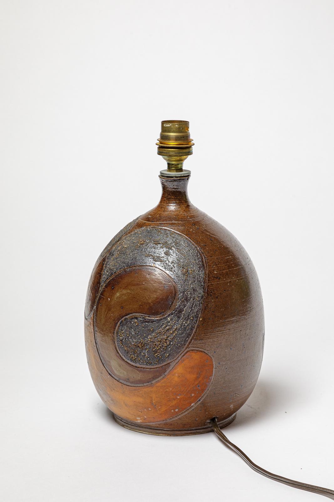 Beaux Arts Stoneware lamp with geometric decoration by Georges Martin, circa 1970-1980. For Sale