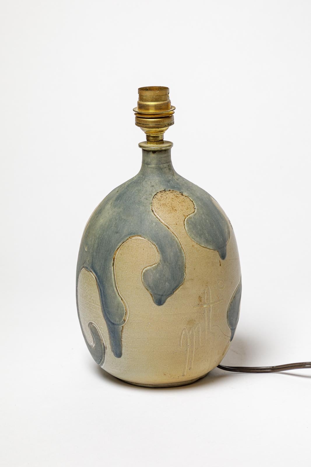 Beaux Arts Stoneware lamp with geometric decoration by Georges Martin, circa 1970-1980. For Sale