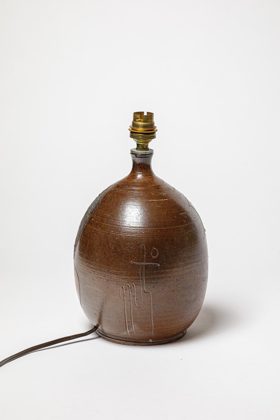 French Stoneware lamp with geometric decoration by Georges Martin, circa 1970-1980. For Sale