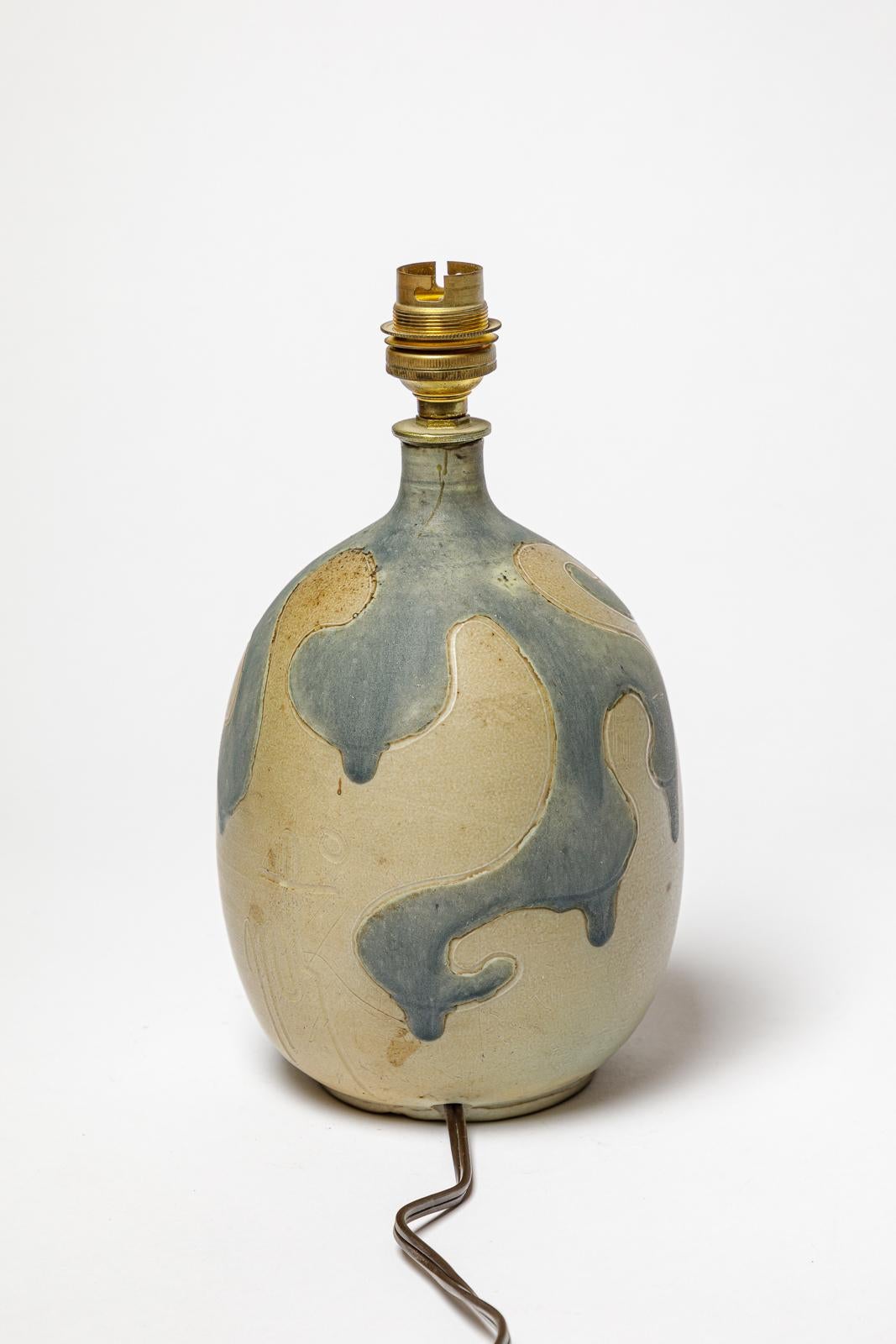 French Stoneware lamp with geometric decoration by Georges Martin, circa 1970-1980. For Sale