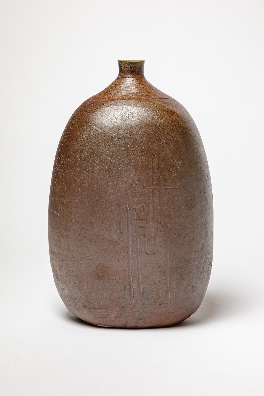 French Stoneware vase with geometric decoration by Georges Martin, circa 1970-1980. For Sale