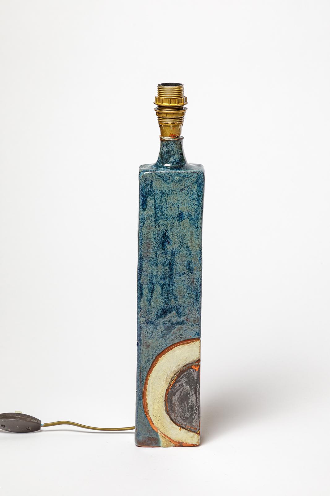 French Stoneware lamp with geometric decoration by Georges Martin, circa 1970-1980. For Sale