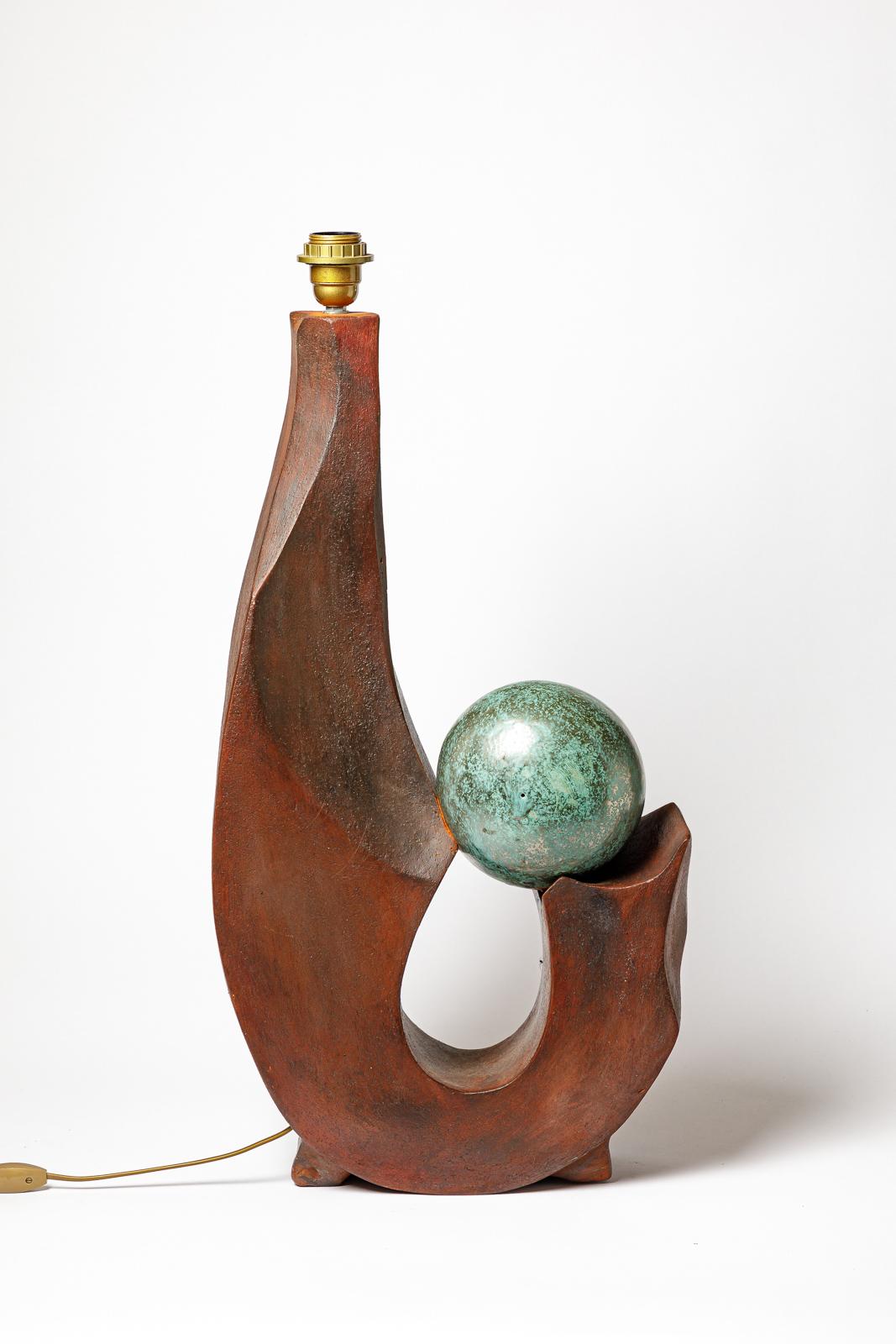 French Stoneware lamp with geometric decoration by Georges Martin, circa 1970-1980. For Sale
