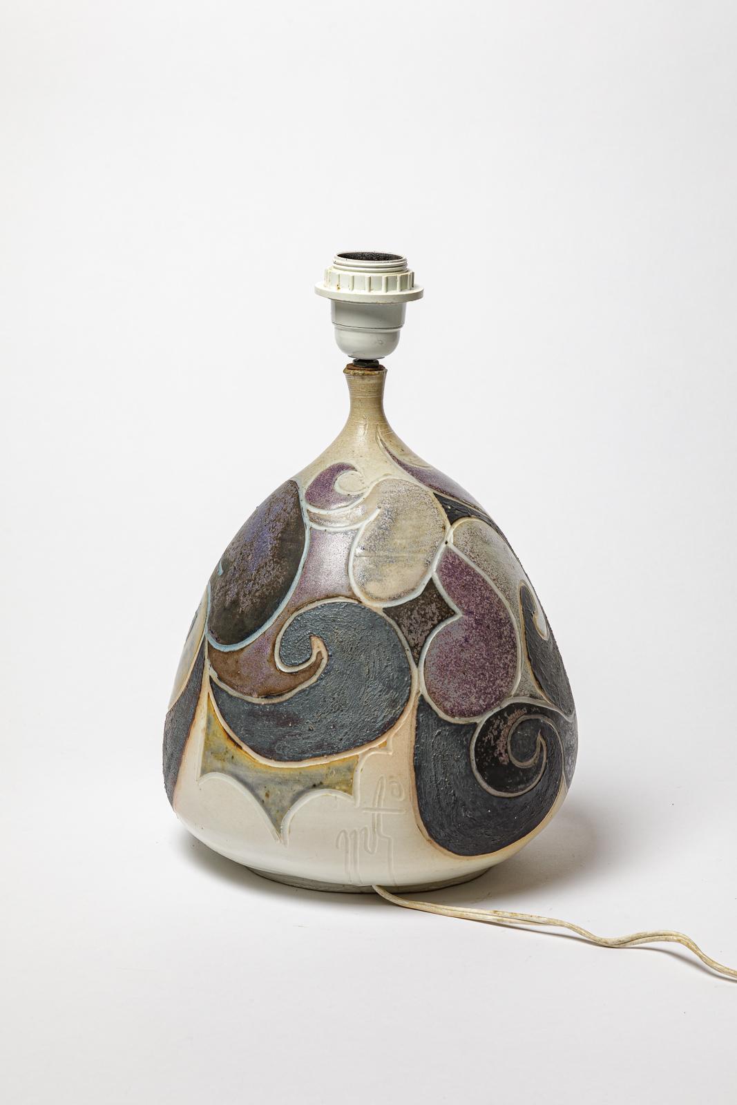 Stoneware lamp with geometric decoration by Georges Martin, circa 1970-1980. In Excellent Condition For Sale In Saint-Ouen, FR