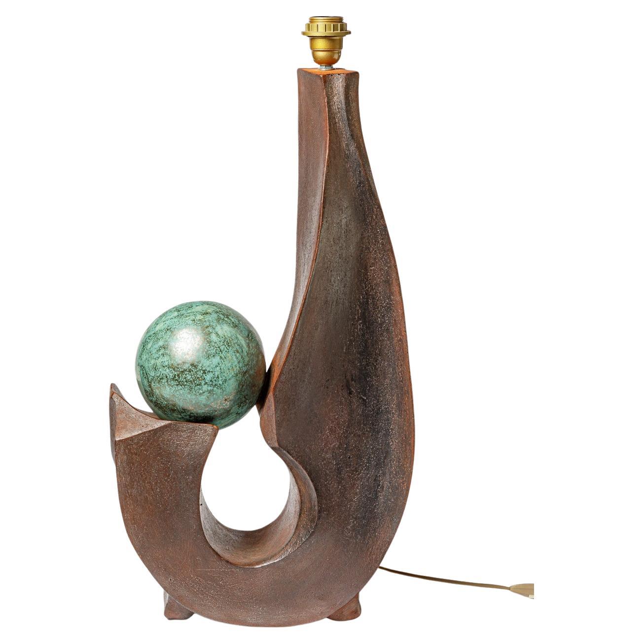 Stoneware lamp with geometric decoration by Georges Martin, circa 1970-1980. For Sale
