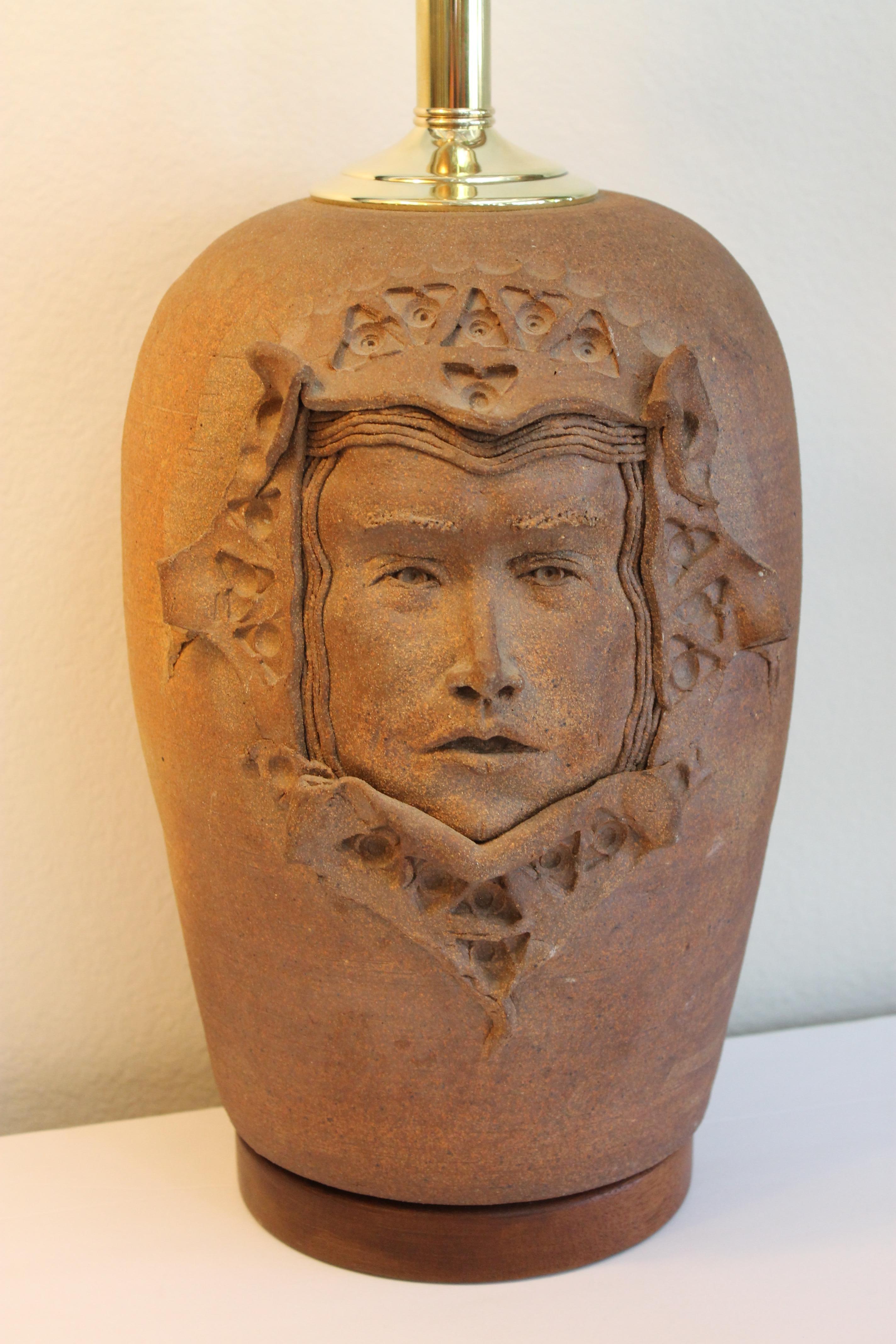 Stoneware Lamp with Gothic Face In Good Condition For Sale In Palm Springs, CA