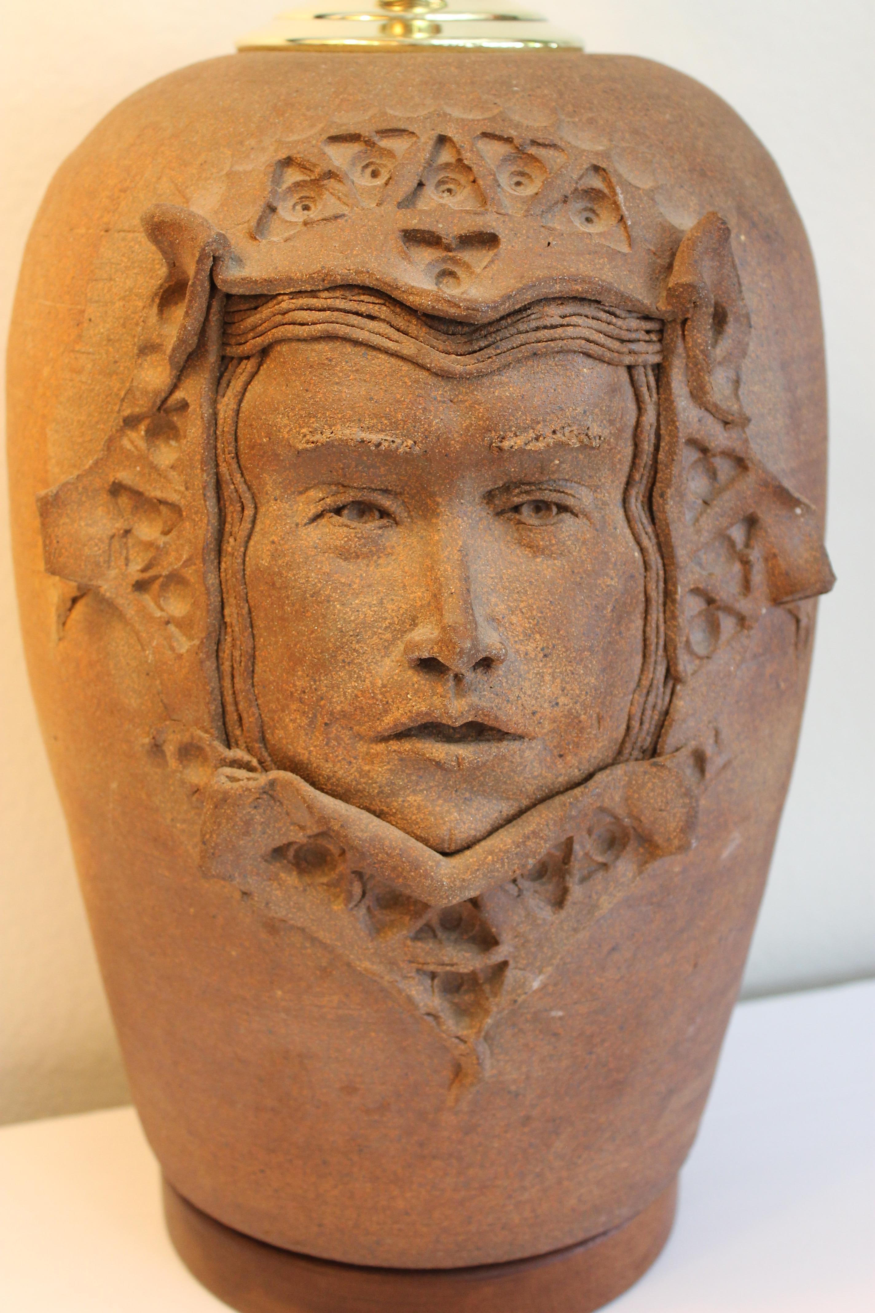 Late 20th Century Stoneware Lamp with Gothic Face For Sale