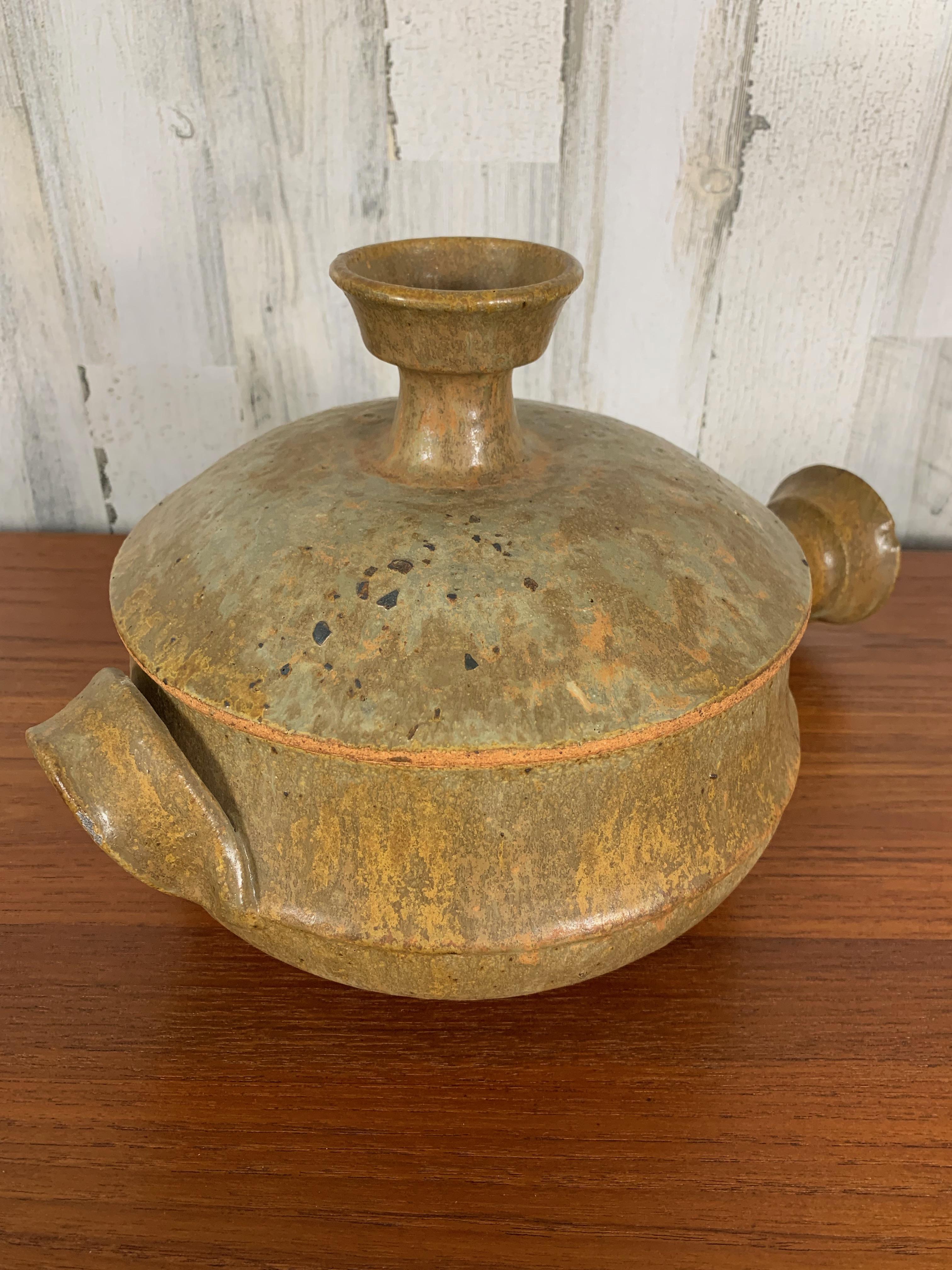 North American Stoneware Lidded Bowl with Handle For Sale
