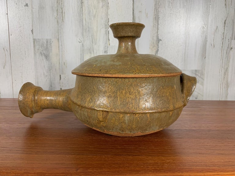 Stoneware Lidded Bowl with Handle For Sale 2