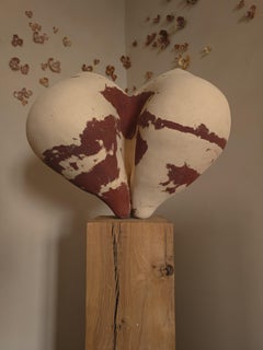 Ivory and Red Stoneware Hand Coiled Contemporary Namara Sculpture By Munier